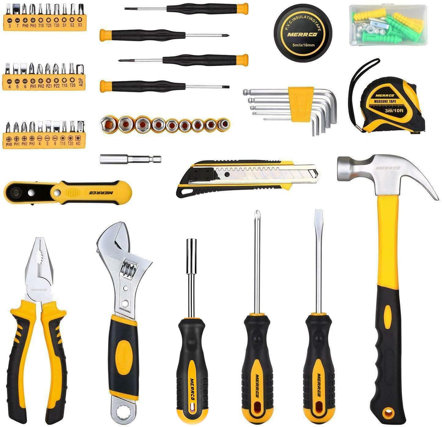 MERRCO 100 Piece Home Repair Tool Set,General Household Hand Tool Kit with Plastic Tool Box Storage - - 