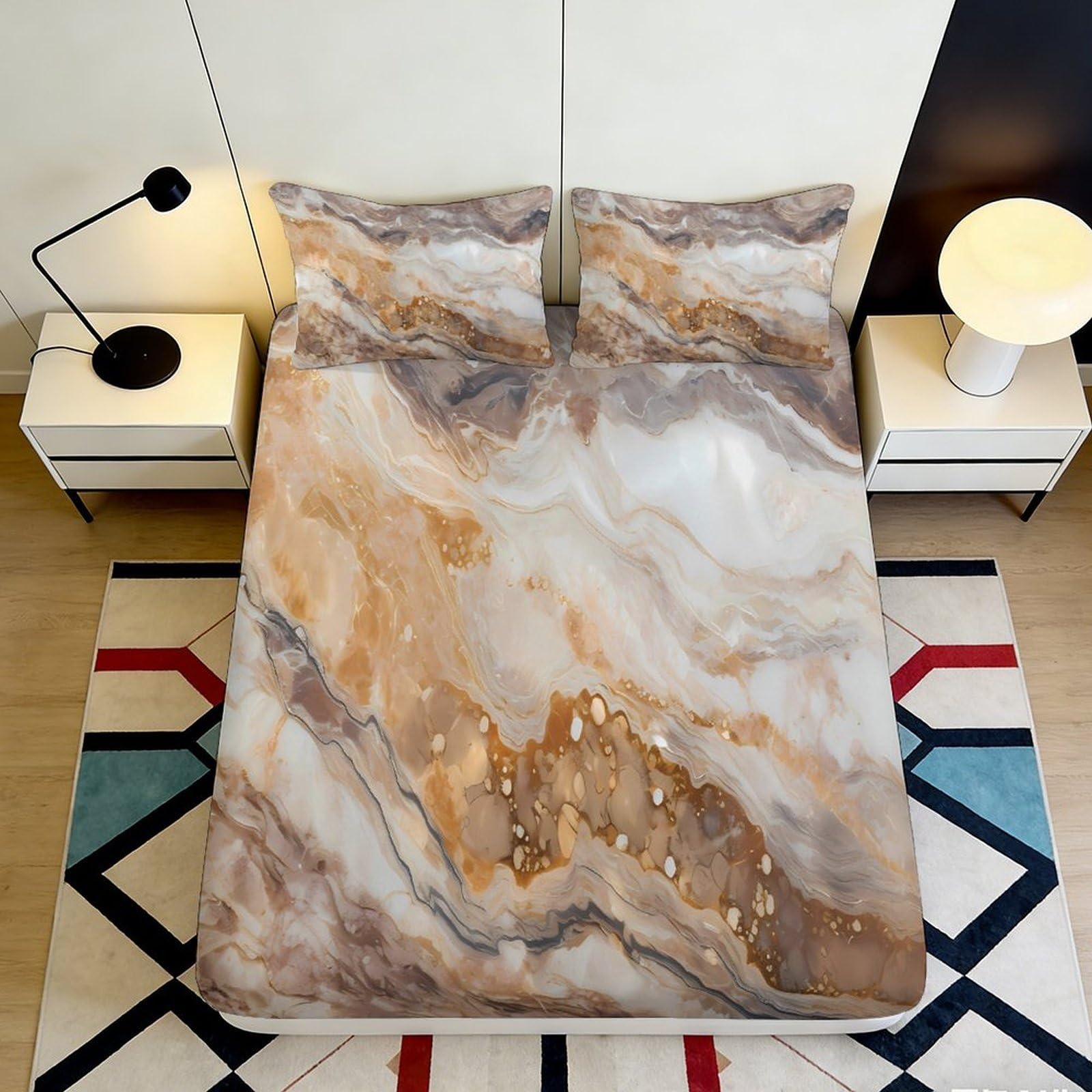 3D Printed Marble Pattern Fitted Sheet Microfiber Soft Durable 3D Abstract Bed Cover for Bedroom Dormitory Guest Room Mattress Protection 180x200x25cm