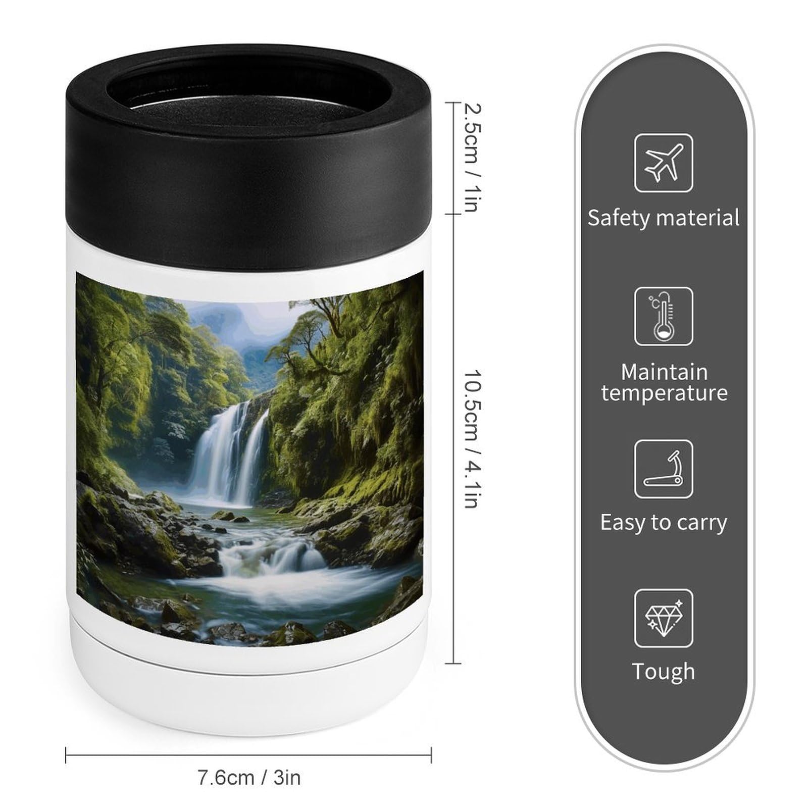 Stainless Steel Beverage Cooler with Silicone Sleeve, Waterfall Landscape Painting Print Multipurpose Drink Chiller for Home, Office, and Outdoor Use