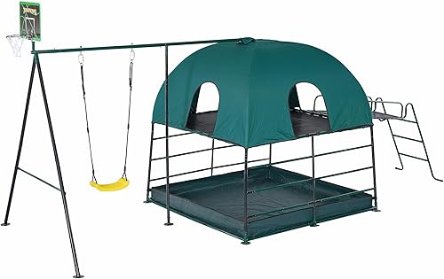 Miniatura 4 de JumpKing Ultimate Adventure Playset - 5 estaciones todo en uno con guarida de escalada de 2 niveles, columpio, aro de baloncesto, poste de bombero,