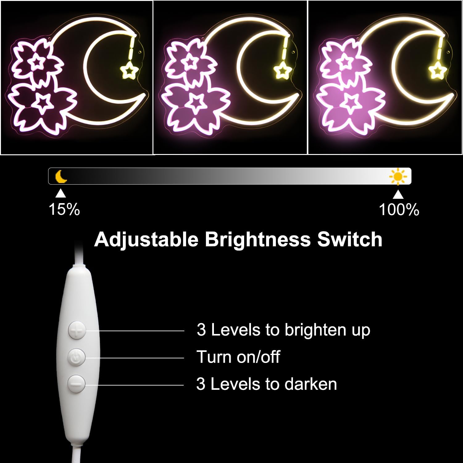 Sakura Moon Star Neon Signs for Wall Decor Cherry Blossom Neon Light Dimmable Flower Aesthetic Wall Art LED Sign for Bedroom Living Room Dorm Decoration Girls Gifts