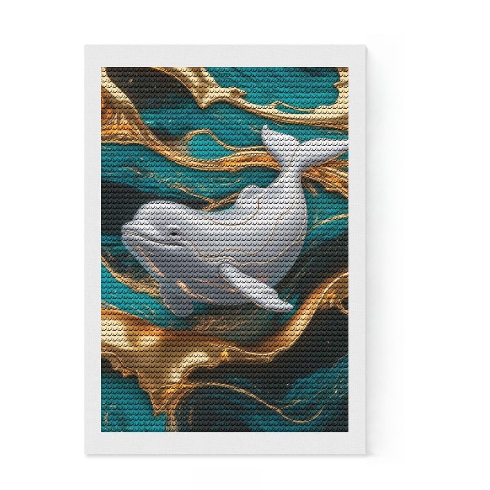 Junmoney Elegant Beluga Whale with Golden Accents Diamond Painting Kit 8"x12", Living Room Decor, for Beginners, Easy Handmade Project, Gift Idea, Adhesive Canvas