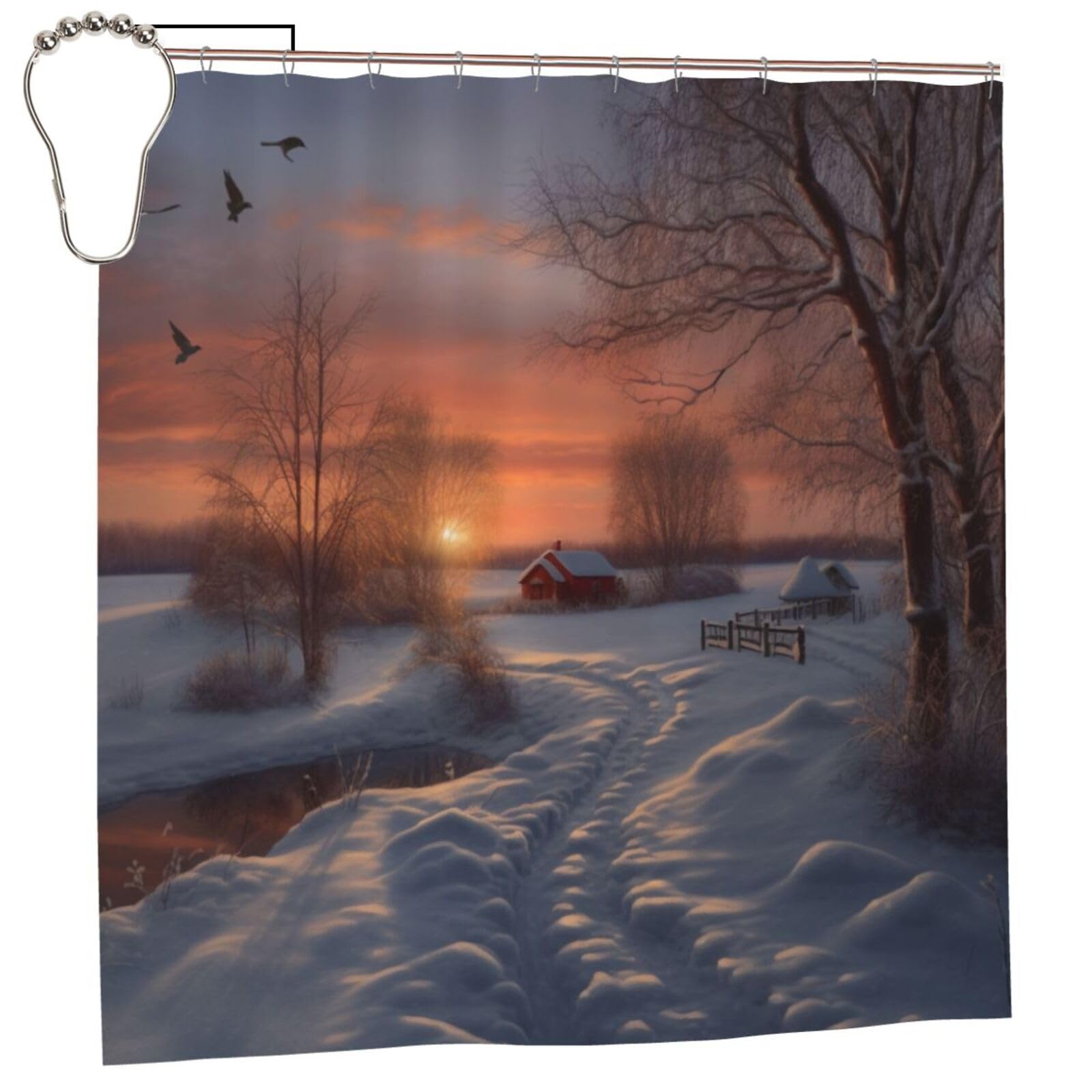BWWHCCTI Winter Sunset Printed Shower Curtain With 12 Iron Hooks Opaque Quick Drying Waterproof Shower Curtains Sets For Bathroom 183x183 CM