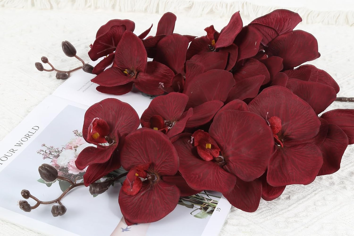 41.3in Orchids Artificial Flowers Faux Orchid 6PCS Velvet Silk Orchids that Look Real Long Stem Artificial Flowers for Tall Vase for Home Wedding Party Fall Décor (Burgundy)