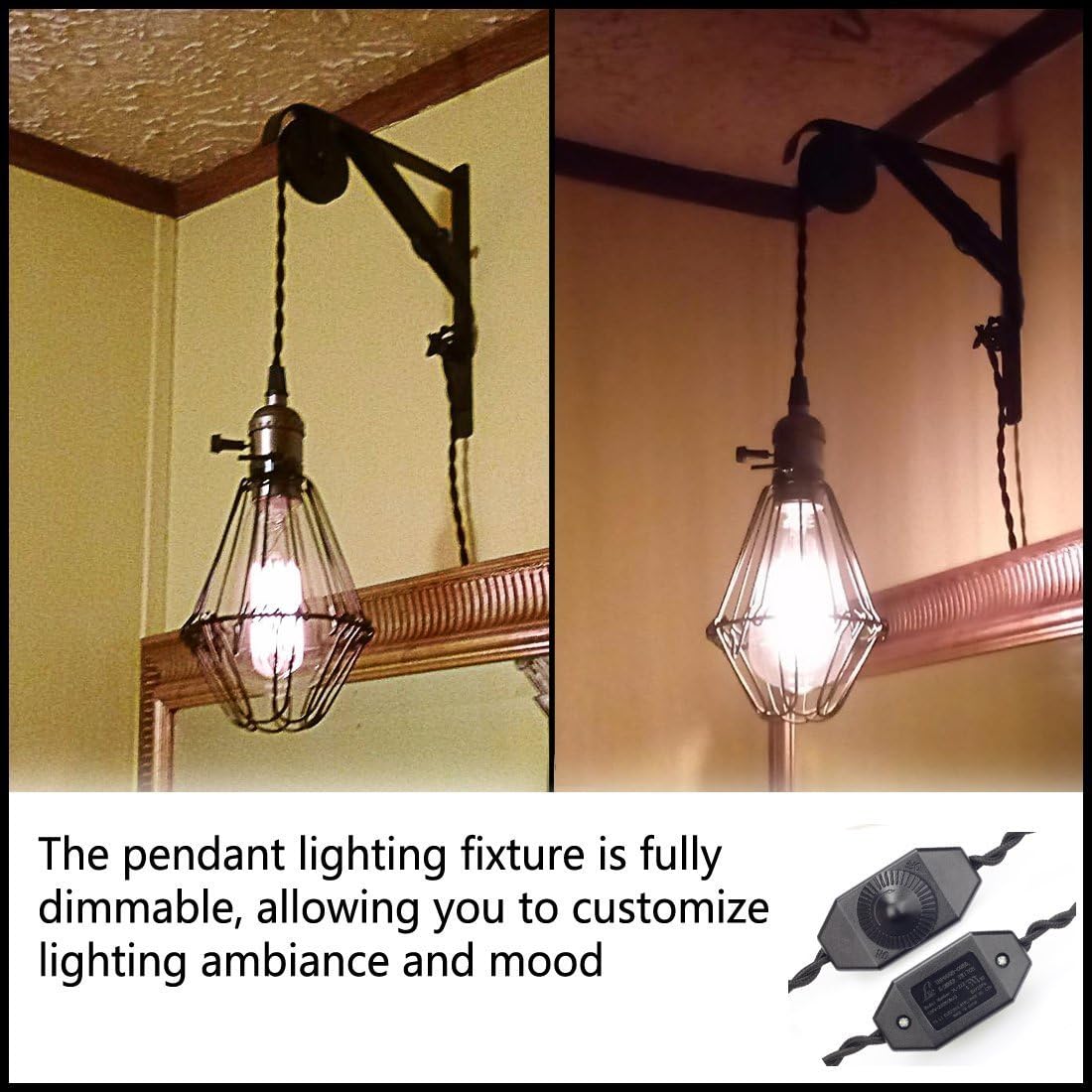 Supmart Single Vintage Edison Socket plug in Pendant Light Kit Cord with Dimmer Switch and 15FT Twisted Black Cloth Cord Antique Hanging Light Fixture