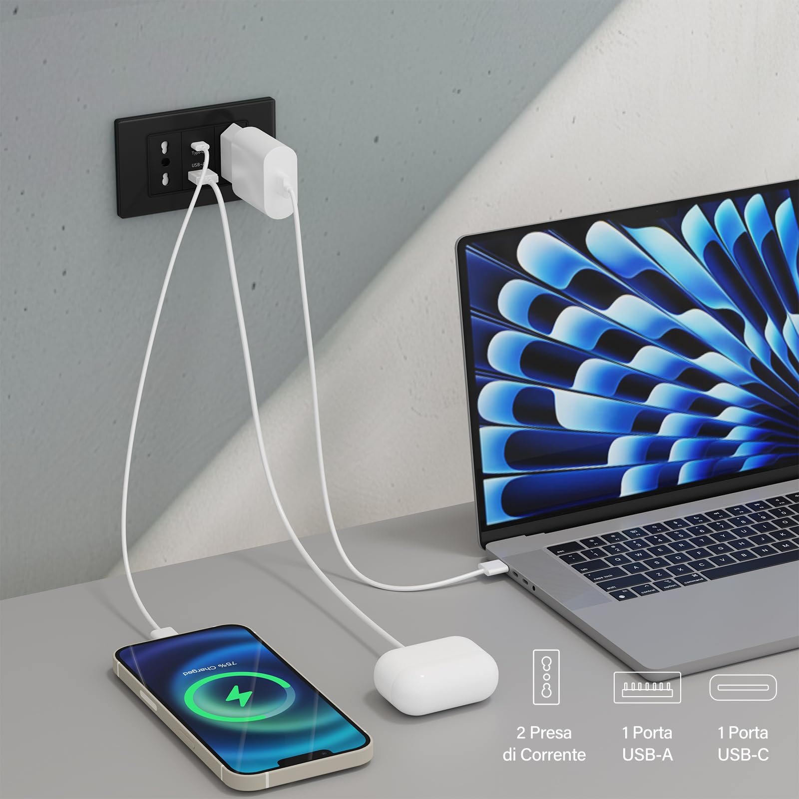 BSEED Prese Elettriche da Muro, Presa Bipasso con USB A e USB C, Presa Bivalente 10A/16A da Muro 118mm, Spina Italiana per Ufficio e Casa, Nero