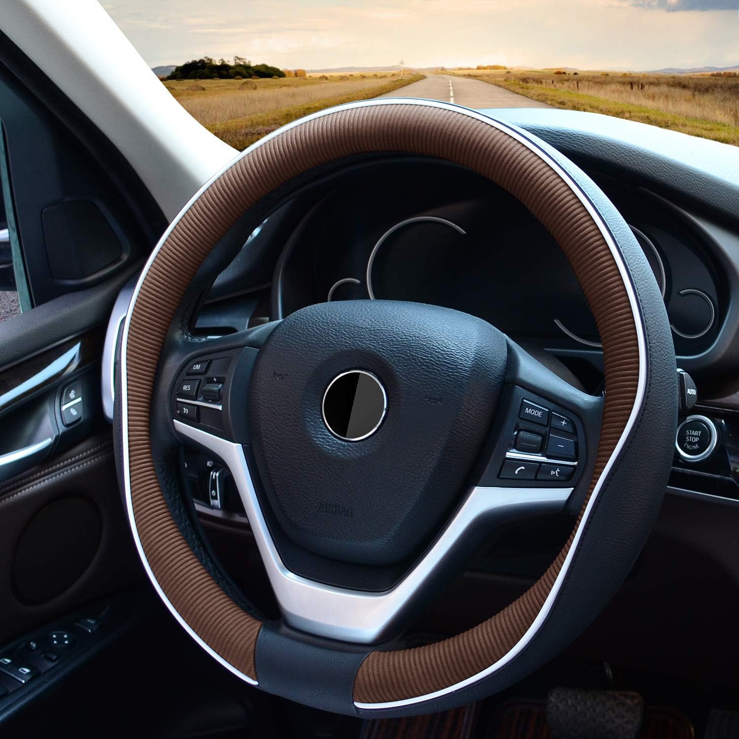 Achiou Coffee Microfiber Steering Wheel Cover Universal 14.5-15.25 inch with Wave Breathable Design Fiber Leather, Soft Comfortable Breathable Non-Slip Easy to Install