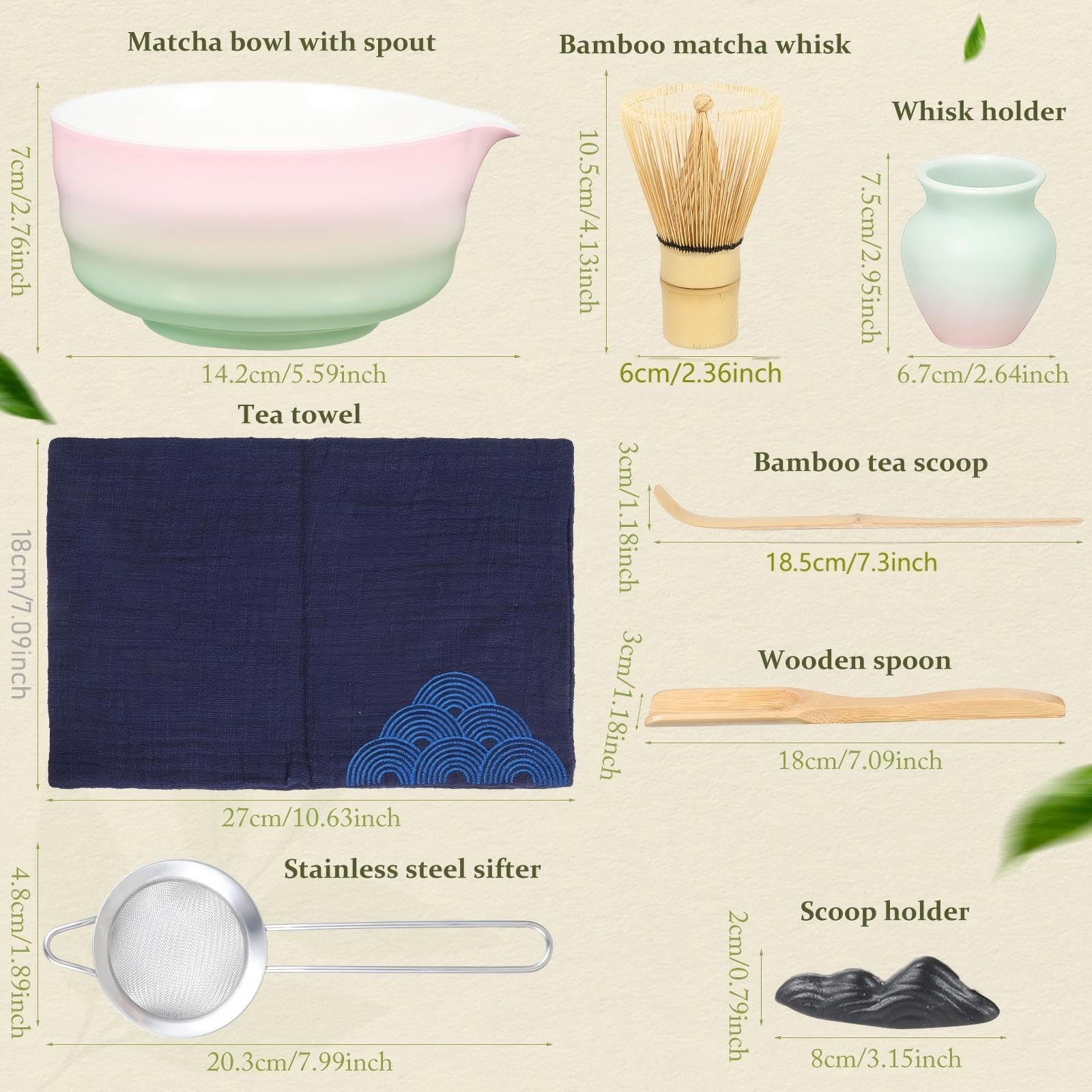 Matcha Set 8-tlg. Komplettset | Mit Schale, Bambusbesen, Sieb & Zubehör | Rosa-Grün Verlauf