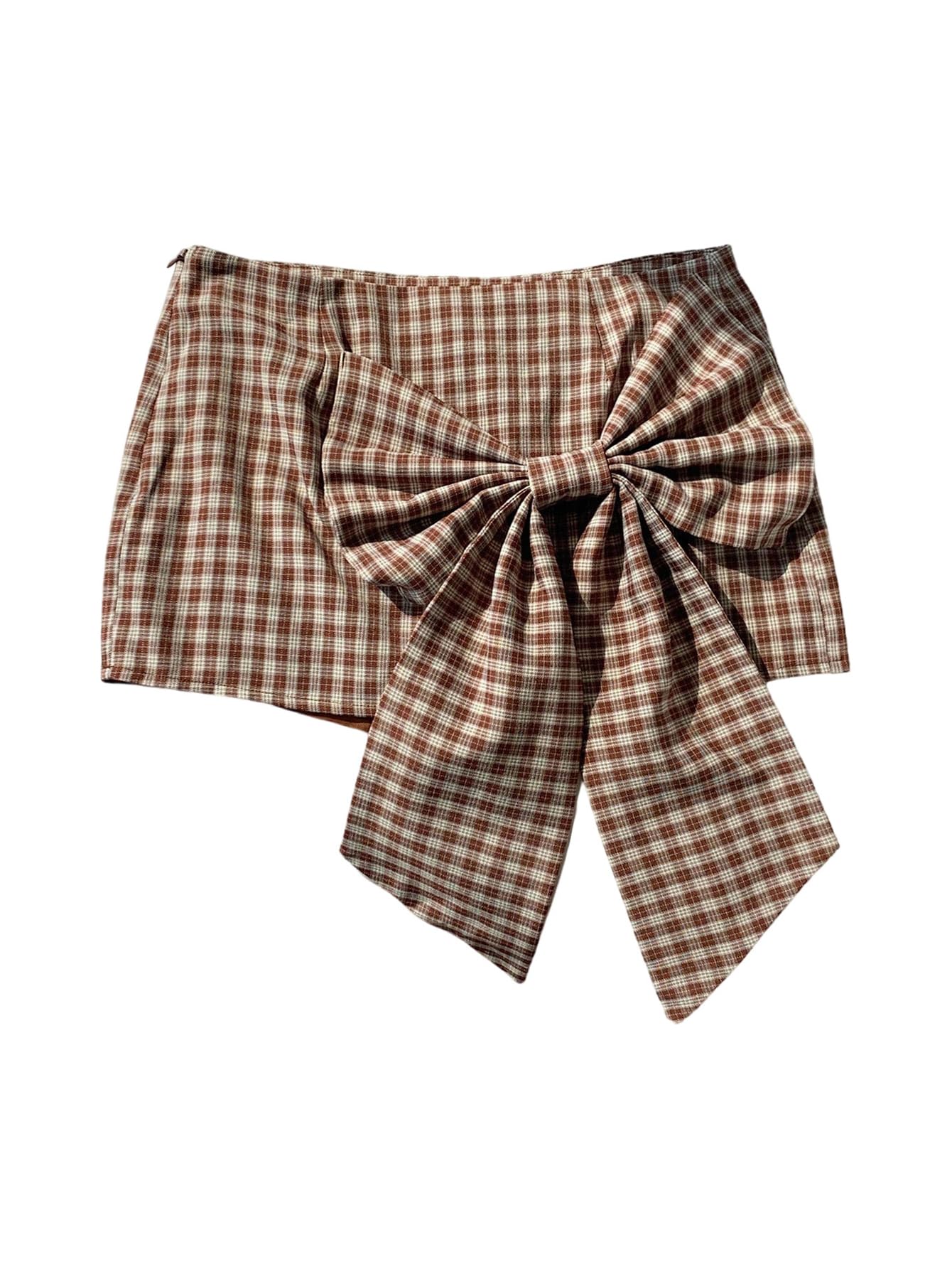 MakeMeChic Womens Plaid Mini Skirt Bow Low Waist Zipper Business Bodycon Skirts