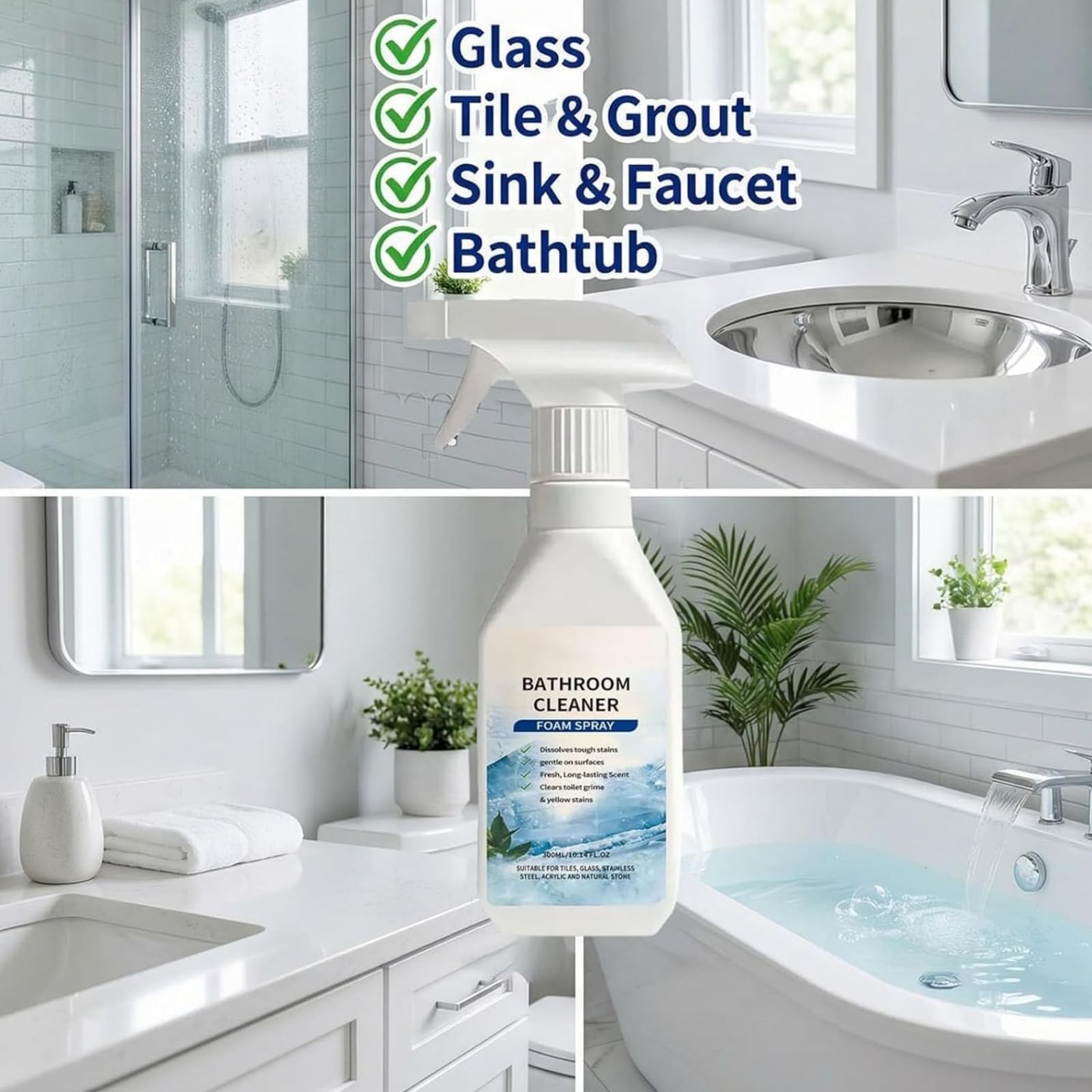 Spray Detergente Schiumogeno Anticalcare per il Bagno – Potente Anticalcare ad Azione Rapida – Soluzione Multisuperficie per Docce, Vetri, Piastrelle, Acciaio Inox, Rubinetteria e Lavandini (2 pcs)
