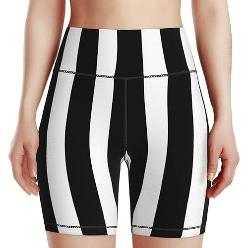 Yilad Black White Striped Womens High Waisted Yoga Shorts, Soft Stretch Workout Athletic Running Bike Gym