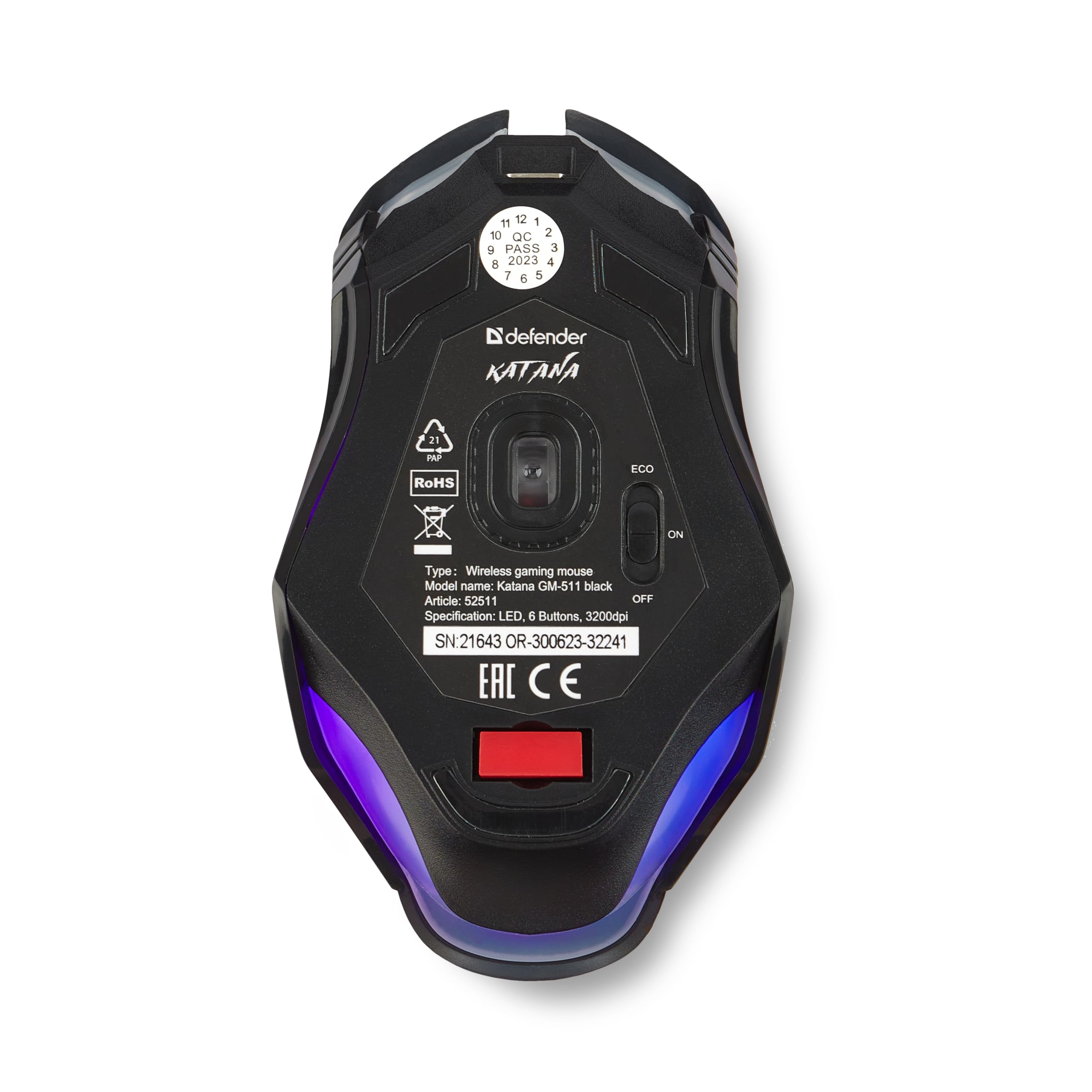 Defender® Katana - Ratón inalámbrico para gaming, clics silenciosos, 5 botones programables, iluminación RGB (on/off), hasta 240 horas de duración de la batería - Ratón inalámbrico gamer para PC, Mac,
