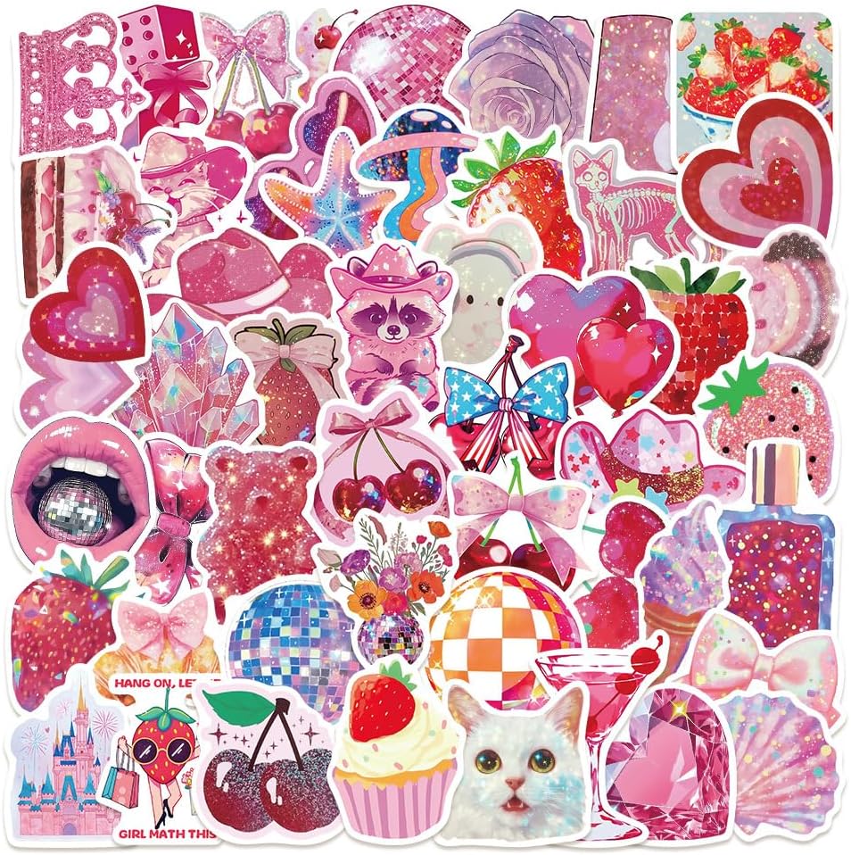 50 PCS Vintage Pink Y2K Girls Stickers, Waterproof Retro Aesthetic Sticker for Water Bottles Laptops Phone Luggage Guitar Journaling Decorative Decals for Girl Teens Adults