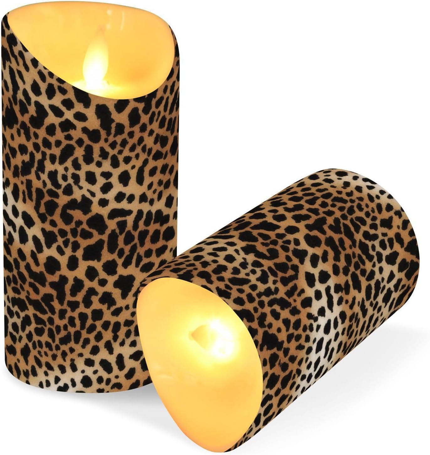 Leopard Print Flameless Candles with Timer 2pcs Battery Operated Flickering Flameless LED Pillar Candles for Holiday Home Wedding Fireplace Decor