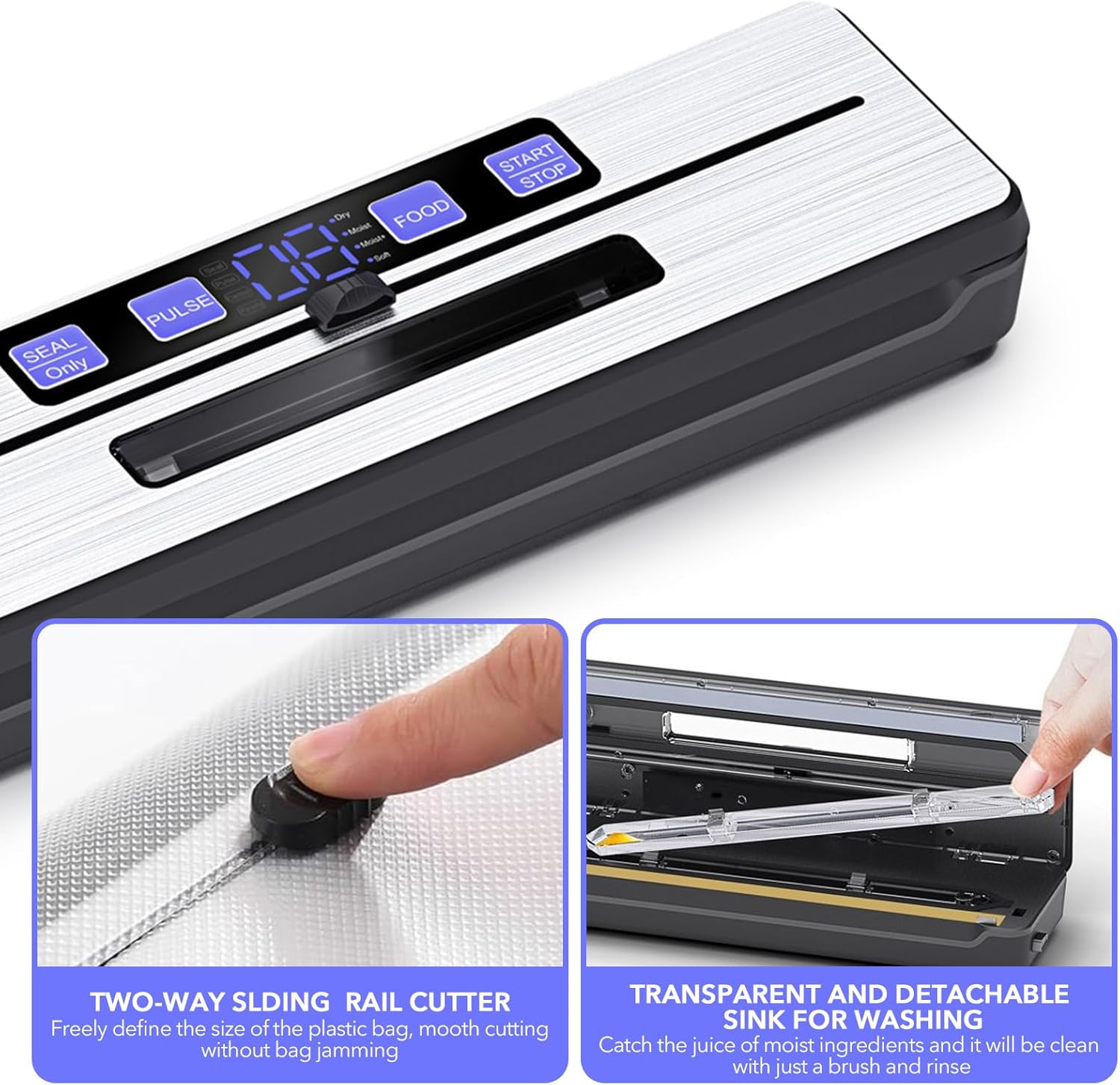 Food Vacuum Sealer Machine + 30 Vacuum Bags, 7-in-1 Multi-Functional Vacuum Sealer, Food Saver Sealer for Freshness Storage, with Dry & Moist Food Modes, Double Heat Seal, Built-in Cutter, Silver - Image 5