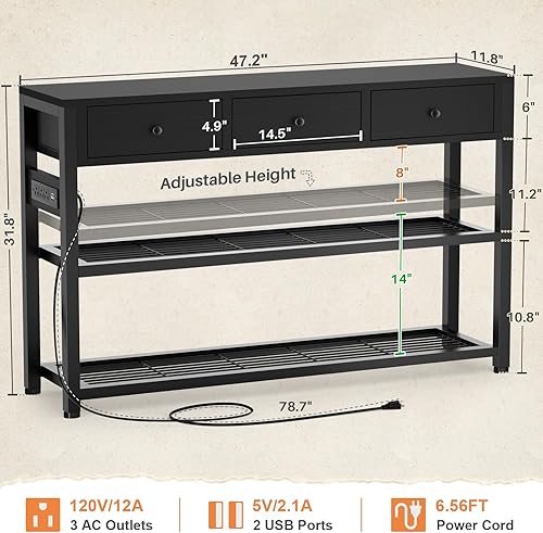 Miniatura 3 de Ecopriso Mesa de Entrada de 47'' con Tomacorrientes y Puertos USB, Mesa Consola con 3 Cajones, Mesa de Sofá Estrecha Larga con Estantes de Negro