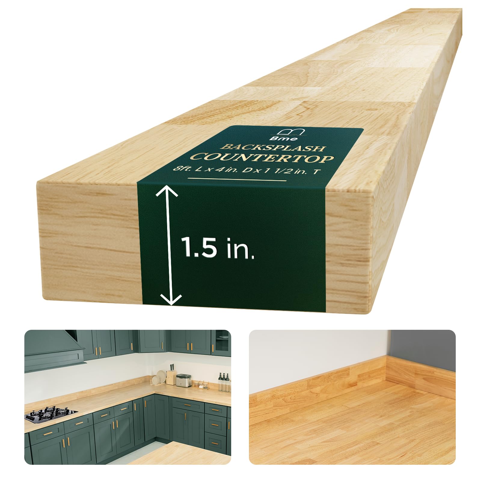 Bme Hevea Solid Wood Butcher Block Backsplash Countertop, 8ft L x 4" W, 1.5in Thick, Unfinished Backsplash Wood slabs for DIY, Kitchen Countertop