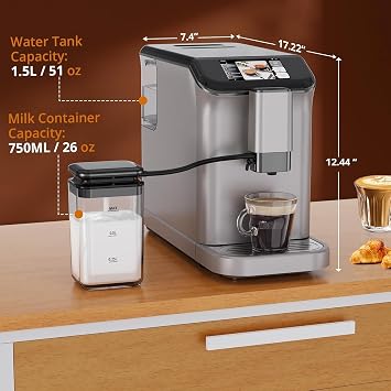 Fully Automatic Espresso Coffee Machine with Milk Frother, 20 Bar Pressure, 15 Adjustable Grinding Levels, TFT Touch Screen, 8 in Cappuccino Coffee Maker