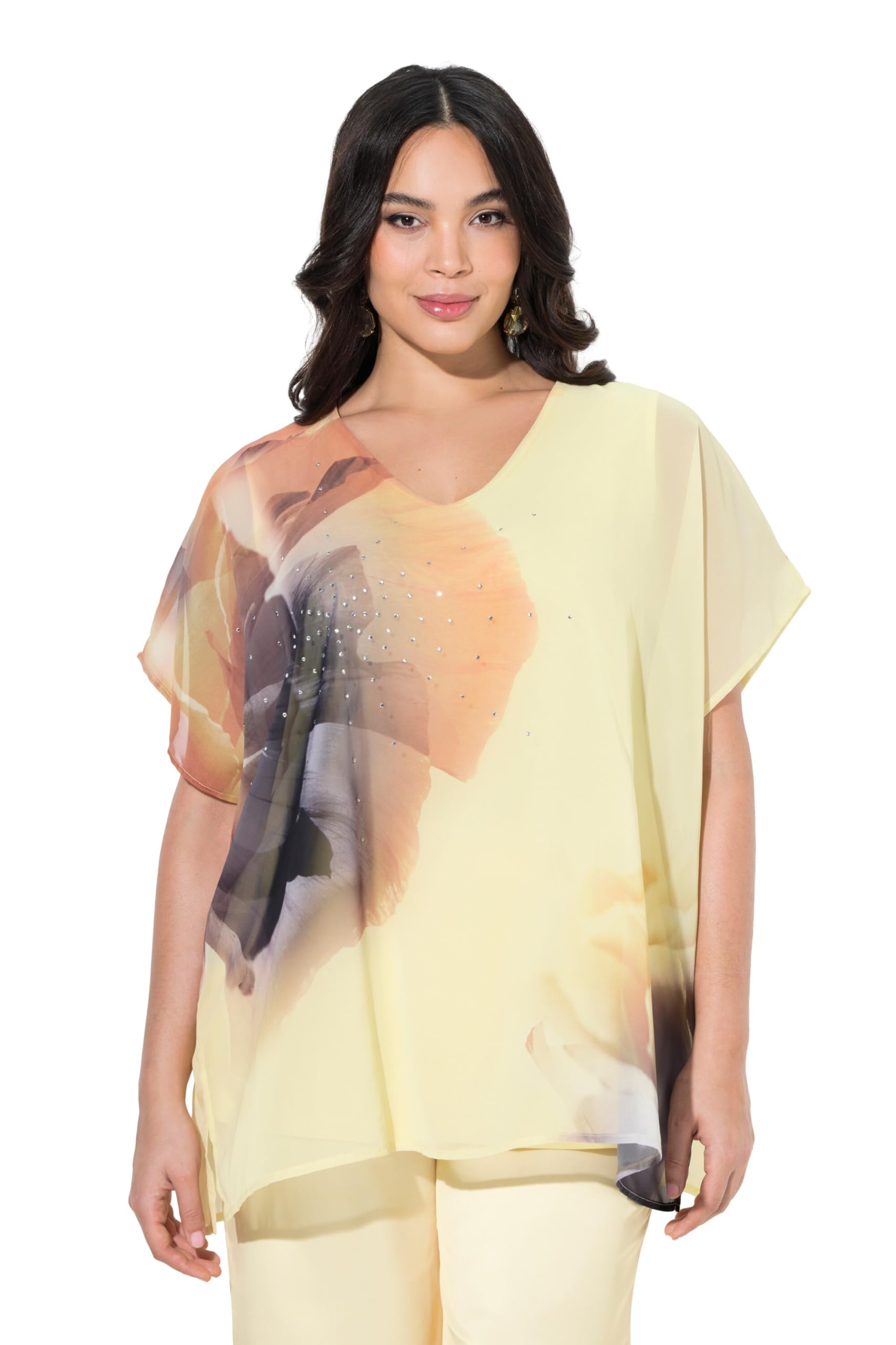 Ulla Popken Damen große Größen Übergrößen Plus Size Blusenshirt, Blüten, doppellagig, V-Ausschnitt, Halbarm 849378