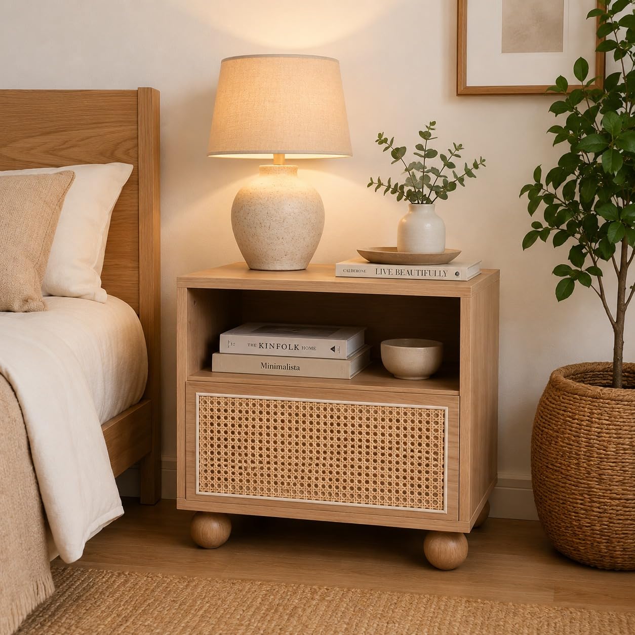 Wooden Nightstand with Rattan Drawer and Open Shelf, Natural, Boho Style, Ball Feet, Bedside Table-picture-29