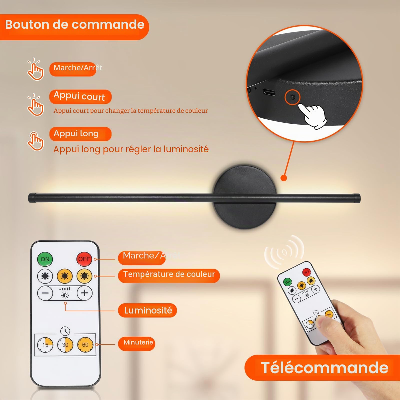 Ketom Lot de 2 Applique Murale Intérieure Rechargeable, Lampe Murale Sans Fil Noir, Luminaire Mural avec Télécommande, 3 Températures de Couleur & Dimmable, Minuterie