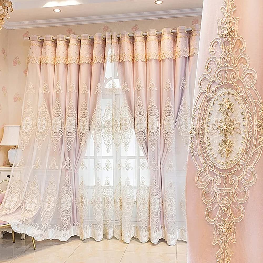 Amidoudou 1 Pair European Double Layer Curtains with Valances for Living Room Bedroom Luxury 3D Flower Embroidered Curtains (Pink,66 x 90 Inch)