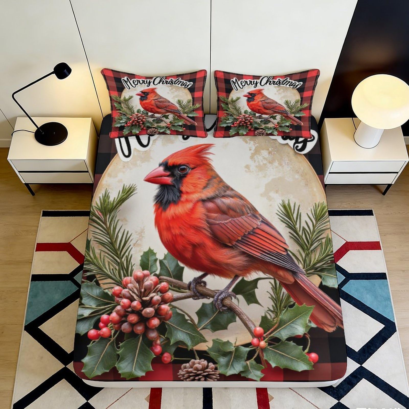 3D Printed Cardinal Bird Fitted Sheet Microfiber Soft Breathable Holly Berry Bed Cover for Bedroom Dormitory Guest Room Mattress Protection Decor 160x200x25cm