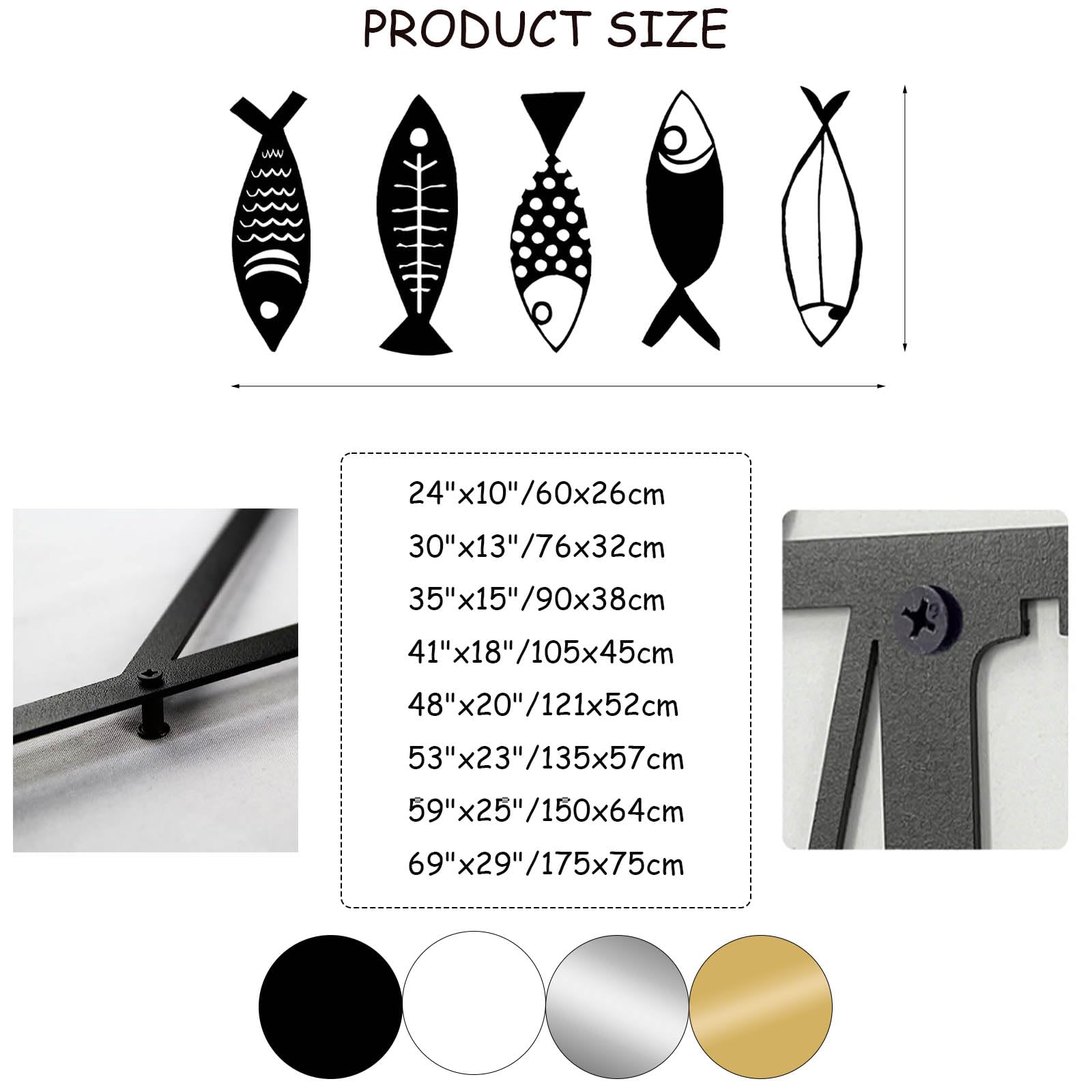 Metalowa, czarna sztuka ścienna z rybą, metalowa, minimalistyczna, oceaniczna, morska dekoracja ścienna, nowoczesna rzeźba z rybą do salonu, sypialni i przedpokoju (złoto, 35" x 15"