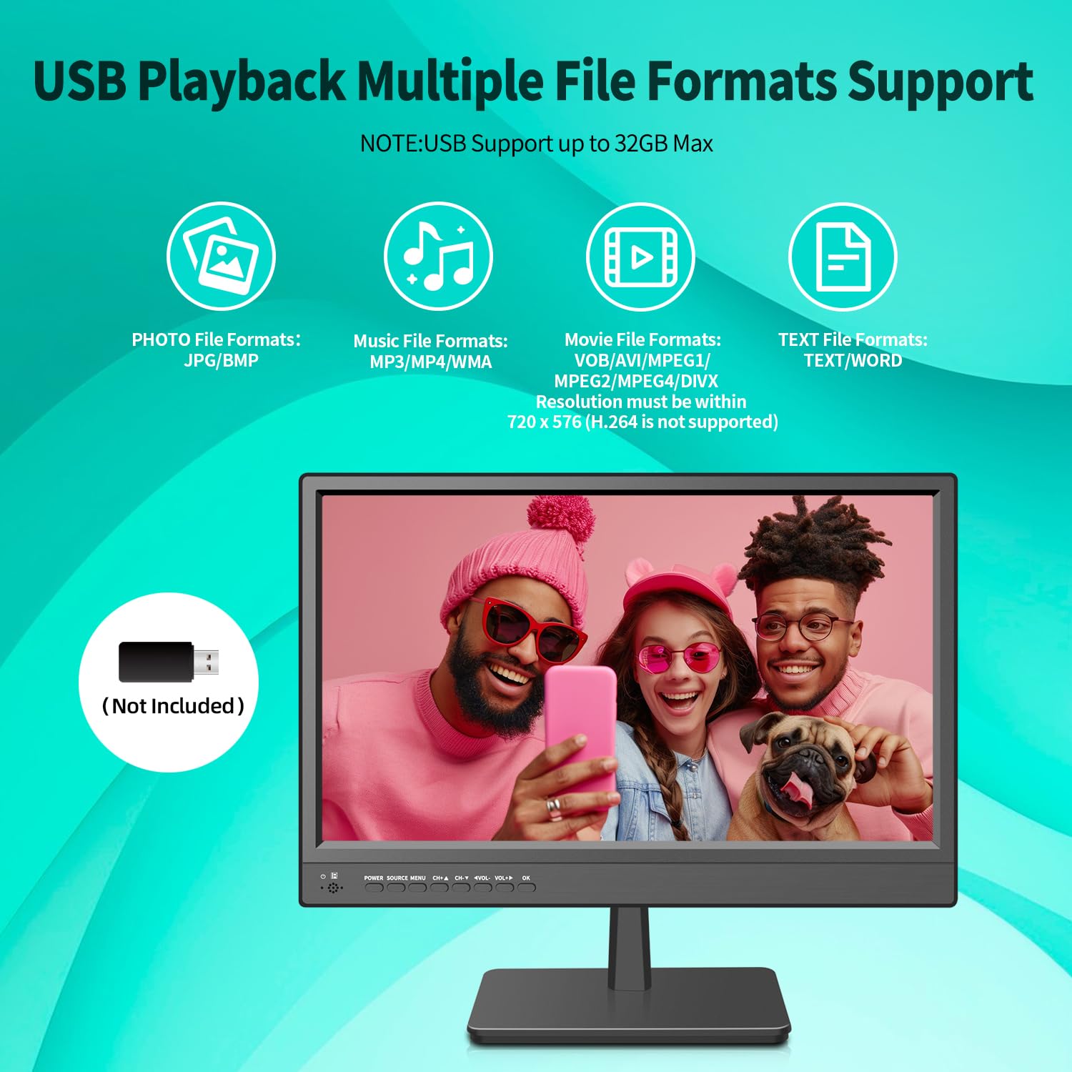 KCR Smart TV, 17-calowy LED, cyfrowy DVB-T2, przenośny telewizor Freeview, gniazdo USB, wyjście słuchawkowe, pilot zdalnego sterowania koncentryczny, wejście AV, wejście HDMI, czarny
