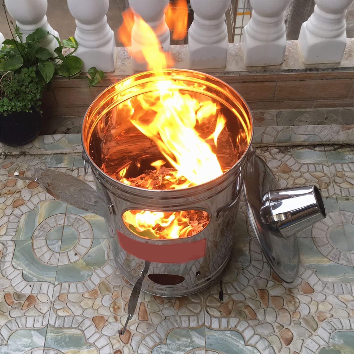 Jaula incineradora de barril de combustión con chimenea, contenedor incinerador de jardín de acero inoxidable para eliminación de papel, hojas y basura con gancho para fuego, hoguera de patio trasero