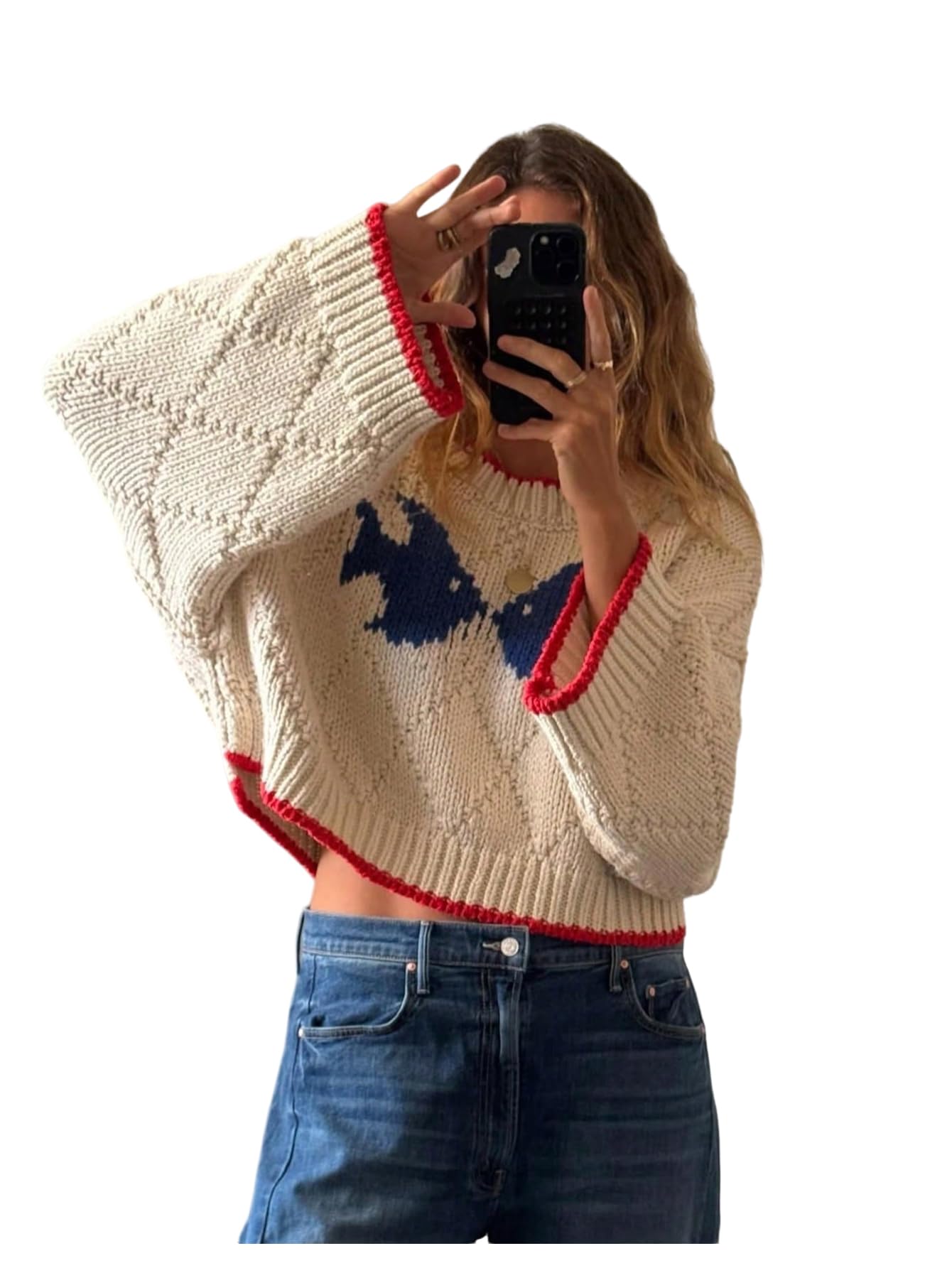 Floerns Womens Retro Fish Fall Sweater Long Sleeve Oversized Knitted Pullover Tops