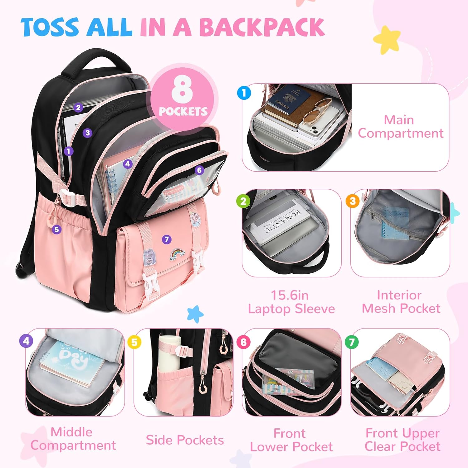 Girls Backpack, Kawaii Kids Backpacks for Girls Multiple Pockets School Bookbag for Primary Elementary School