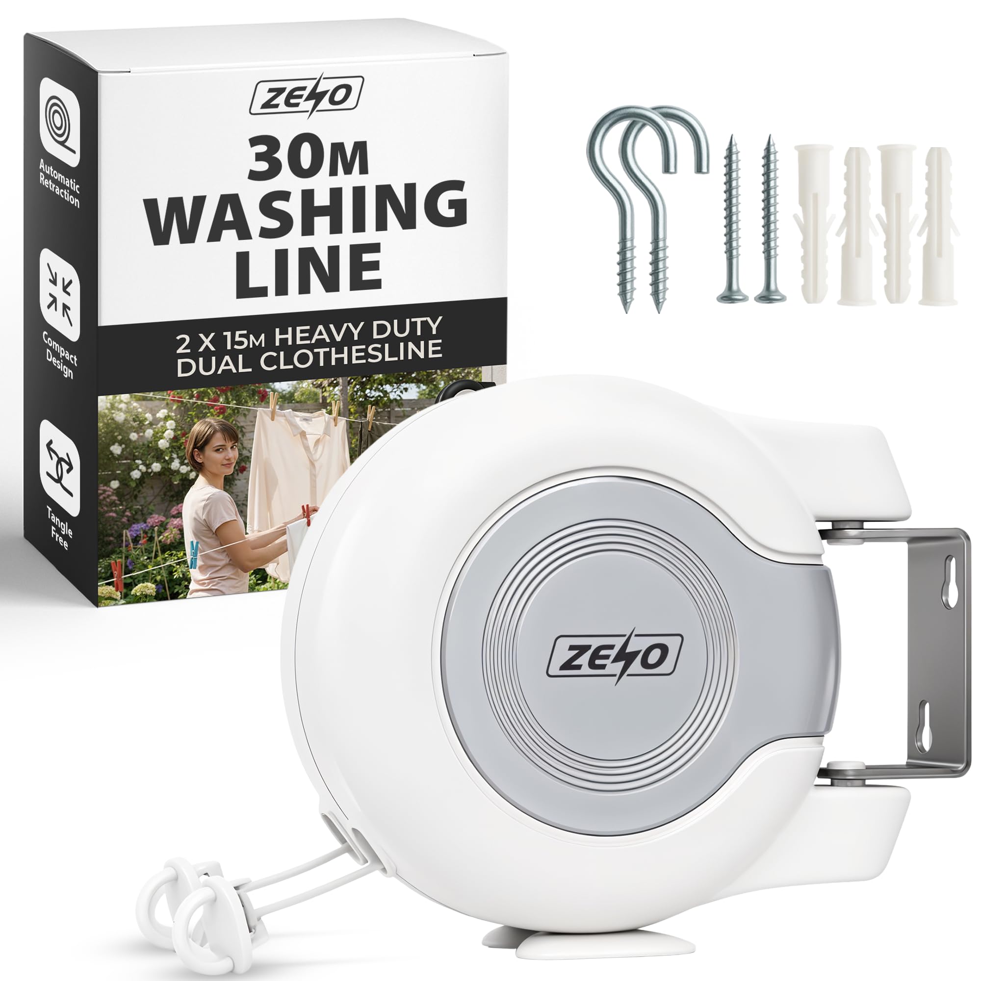 Zeno White & Grey Retractable Washing Line 30M | Heavy Duty Dual Clothes Line With Automatic Retraction | Wall Mounted Laundry Airer For Indoor And Outdoor Use | Space Saving Design | 2X15m Long Line | White
