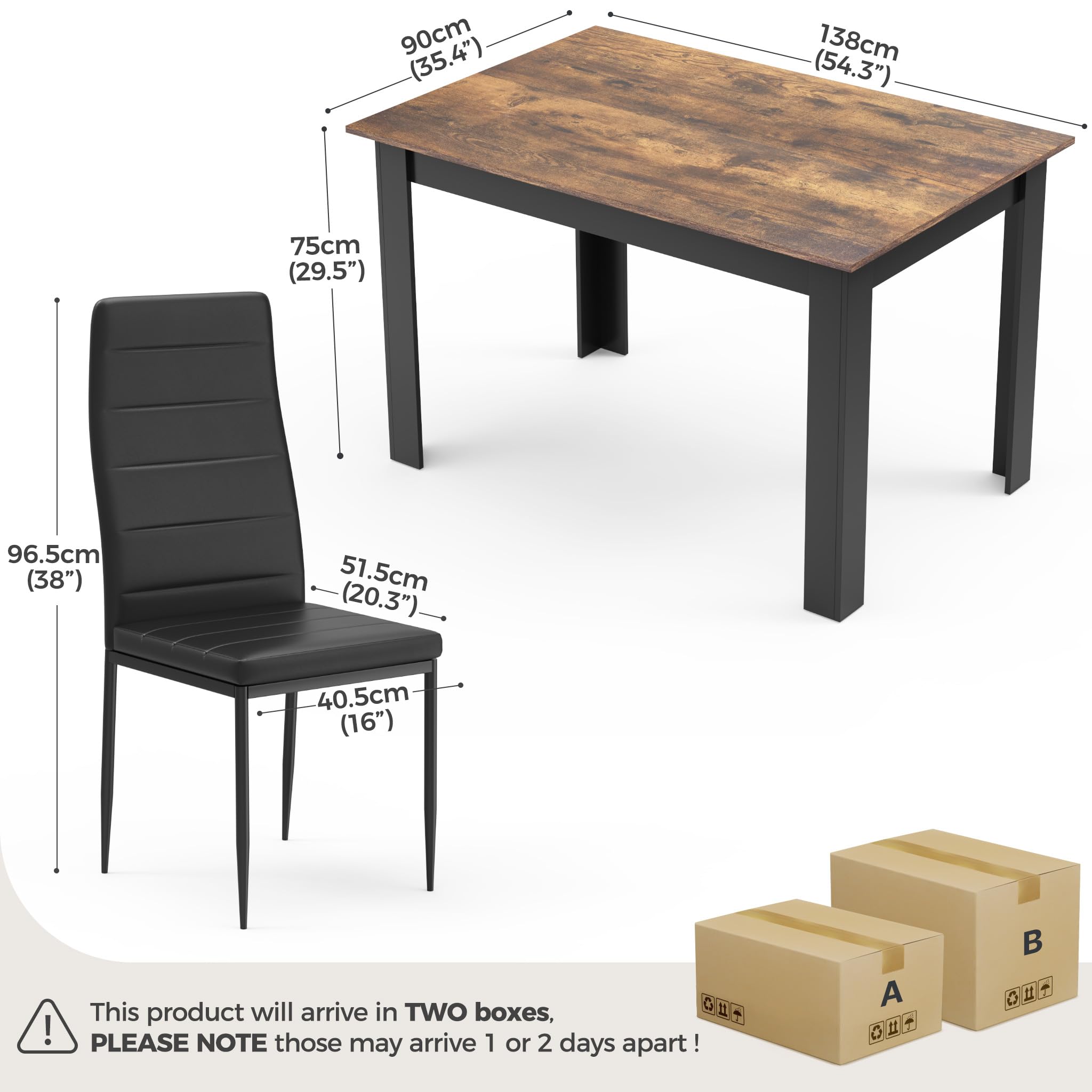 Mondeer Dining Table and Chairs Set 6, 138x90x75cm, for Kitchen Home Office, Rusticbrown Black Table and Black Chairs, 138 x 90 x 75 cm - Image 3