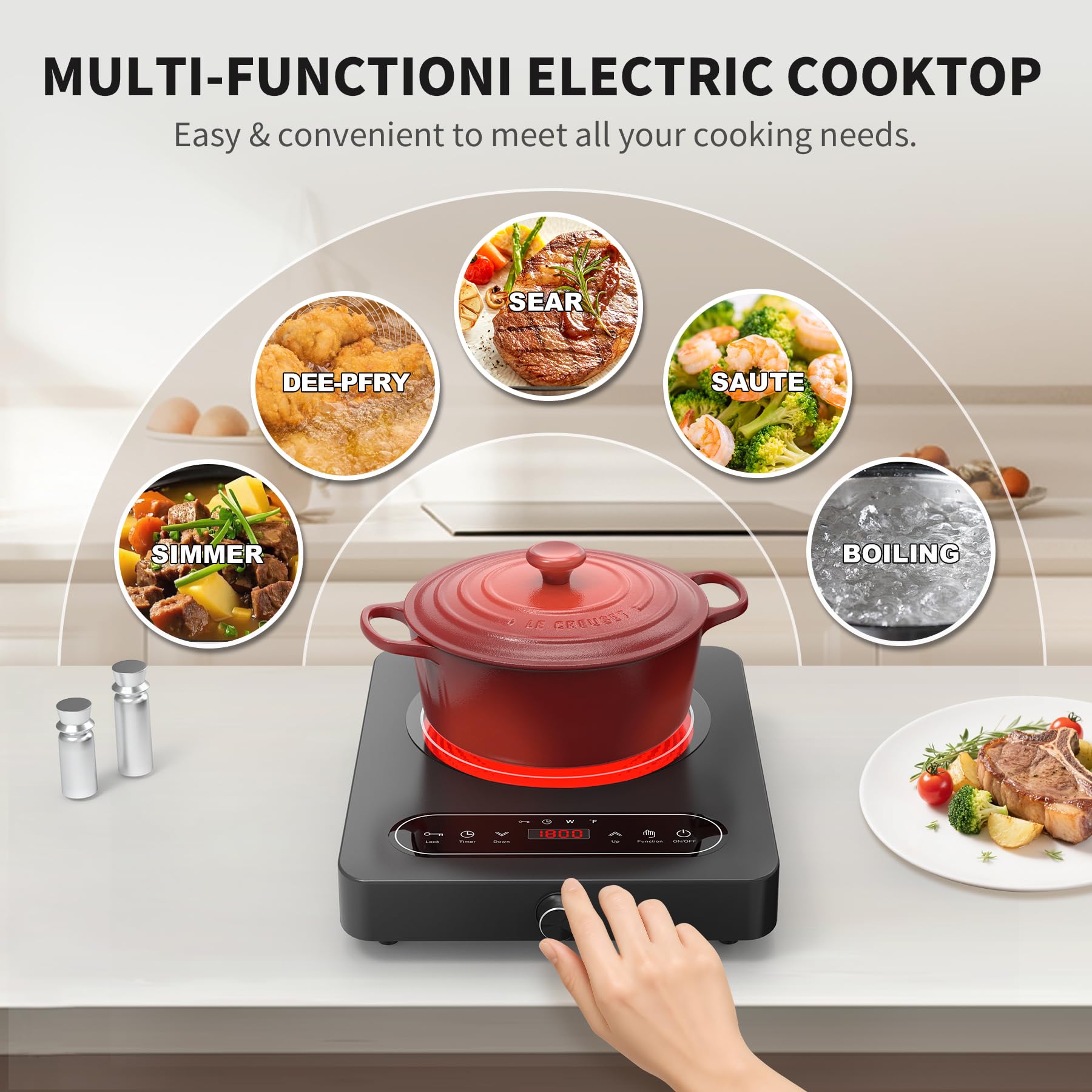 Single Burner Electric Cooktop, 110V 1800W Electric Cooktop with LED Touch Controls and Knob Controls, 10 Power Levels, 4-Hour Timer, Safety Lock, Single Burner Overheat Protection 6