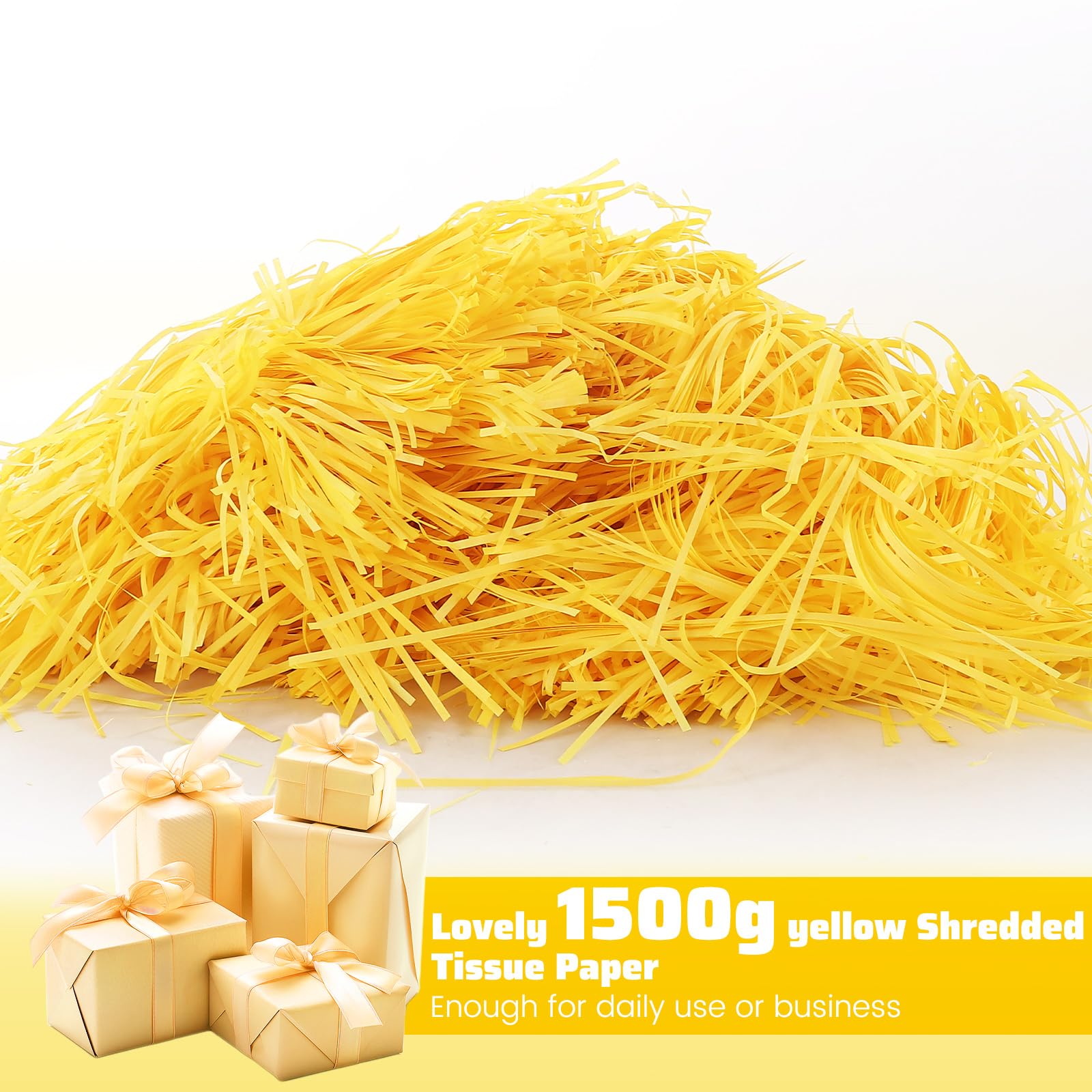 WOPPLXY Riempimento di scatole regalo in carta velina triturata gialla da 1,5 kg | Carta velina sminuzzata per riempire cesti, giallo brillante, carta velina triturata per scatole regalo, cesti, imballaggi