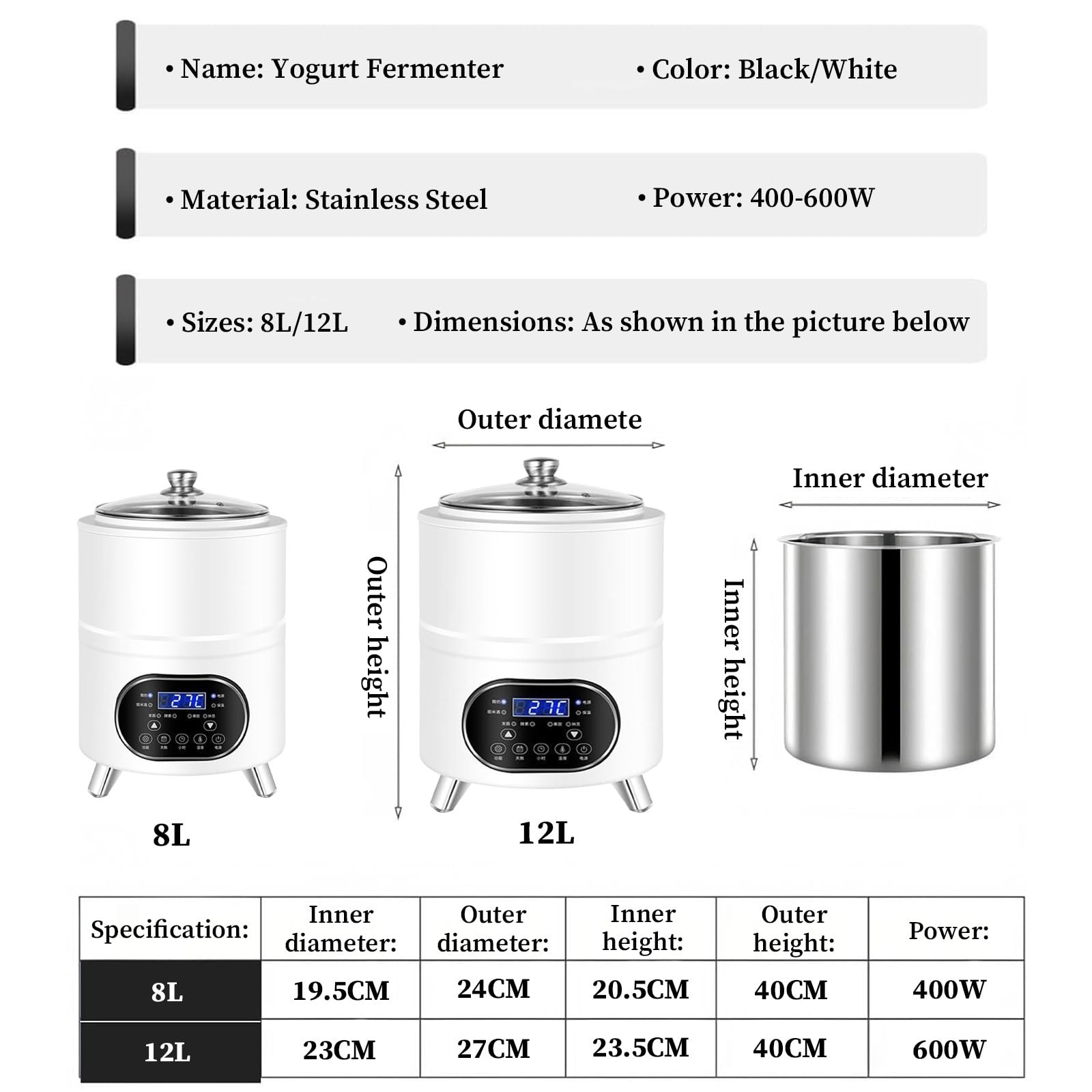 Macchina automatica per yogurt, macchina per fermentazione dello yogurt da 400 W, temperatura costante a 360 ° per yogurt fatto in casa, macedonia di frutta, lievito naturale e altro