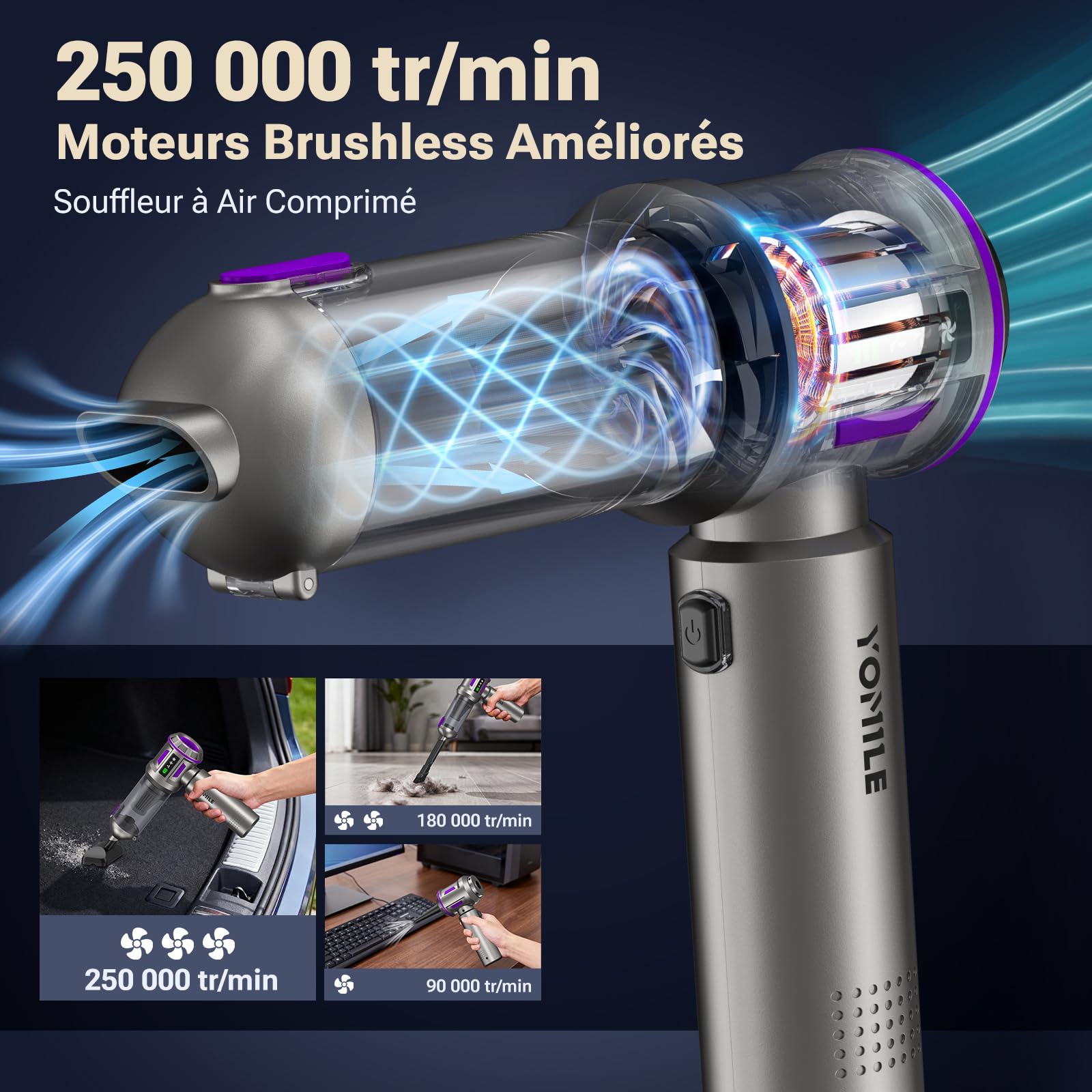 Aspirateur à Main, 27000Pa/135W Mini Aspirateur sans Fil & 250.000 tr/min Aspirateur de Voiture à 3 Vitesses avec Moteur sans Brosse, Aspirateur Voiture Sans Fil Pour Bureau,Maison, Cuisine,Poils