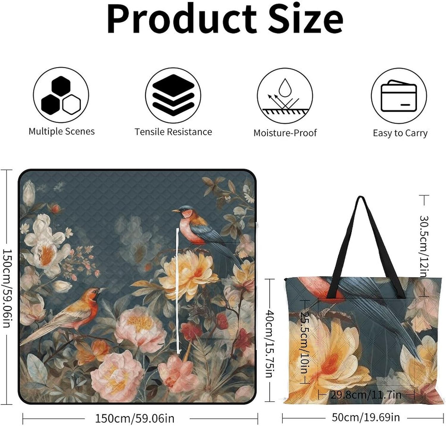 Flowers Birds Picnic Blanket with Zipper Water Resistant Sand Free Picnic Mat Washable Foldable Easy Carry Beach Blanket for Lawn Beach Hiking Camping