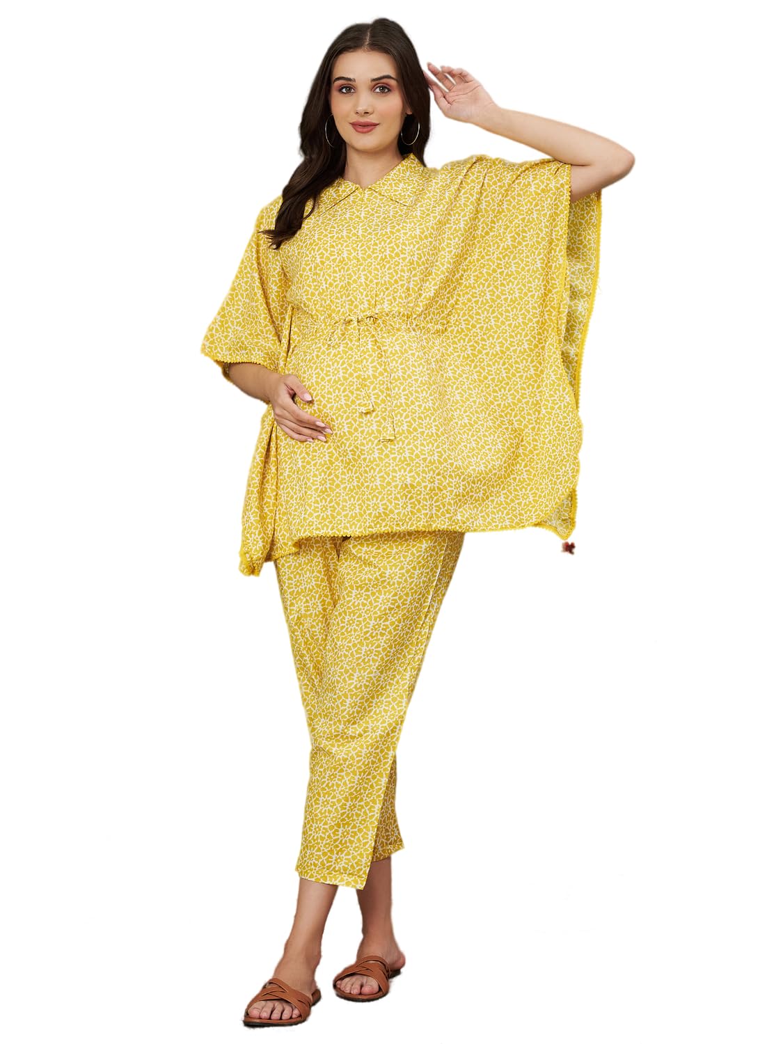 Yellow Printed Maternity Kaftaan Set with Adjustable Waist and Elasticated Pants – Comfort Fit for Pre & Post Pregnancy-image-22