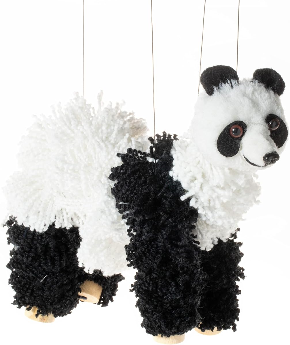 Artisan Owl Panda Bear Marionette Puppet - Soft Yarn Body with Wooden Feet, Detachable Strings for Theatrical Performance & Display