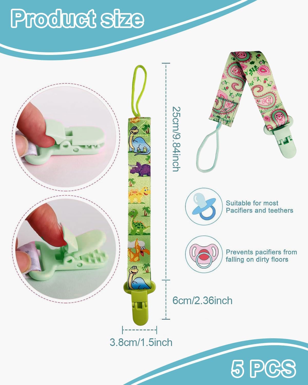 ZEXIJOW 5 Pezzi Catenella Portaciuccio, Catenella Ciuccio per Bambini, Set Porta Ciuccio con Clip Adatto a Tutti i Ciucci per Maschio e Femmina, Giocattoli Adatto per Ciucci Giocattoli(verde) - 2