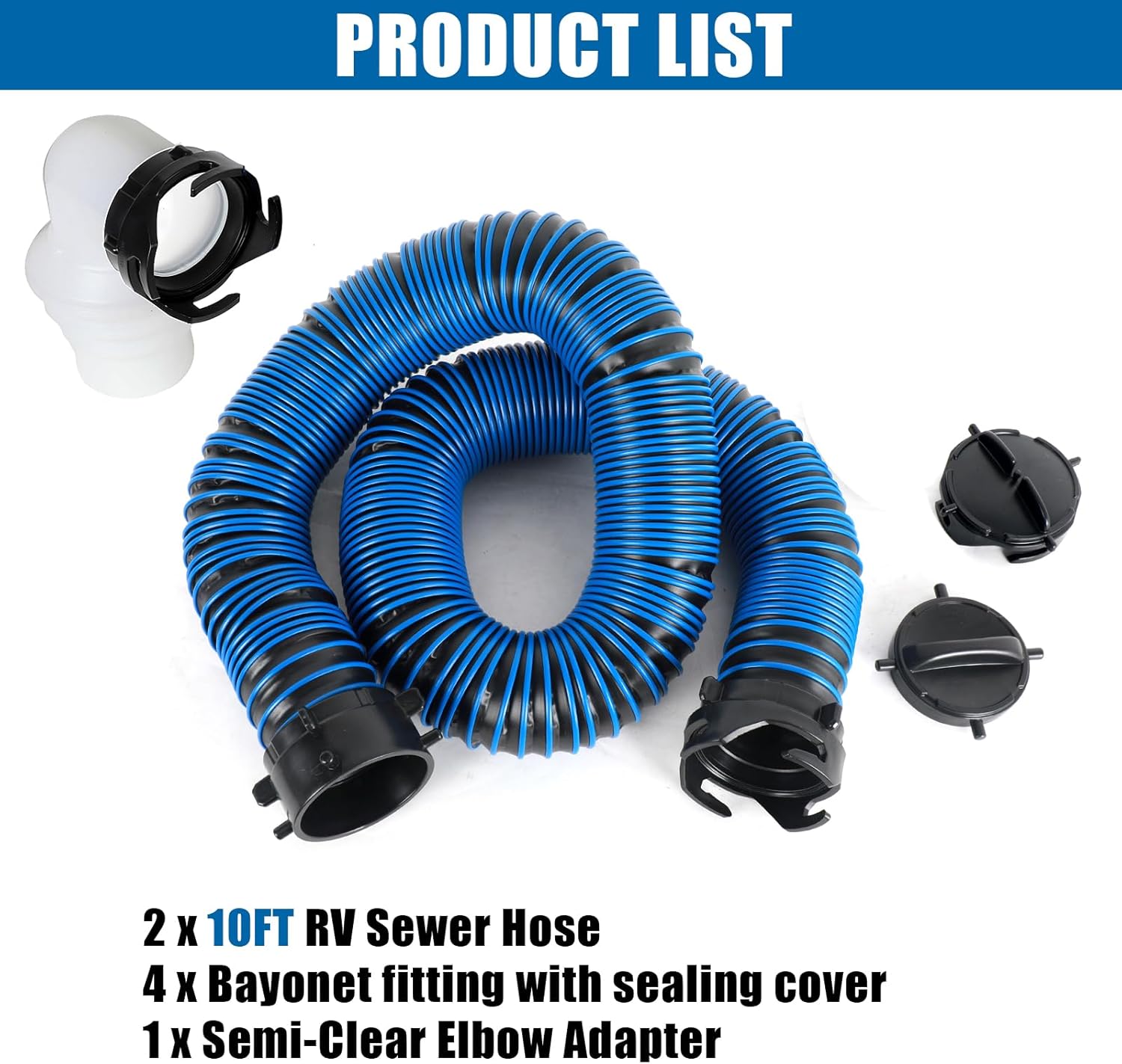 20ft rv sewer hose, extreme heavy duty 24 mil tpe material for abrasion resistance and crush protection, camper sewer hose kit with pre-attached bayonet fittings, 4-in-1 adapter elbow, blue blue 20ft