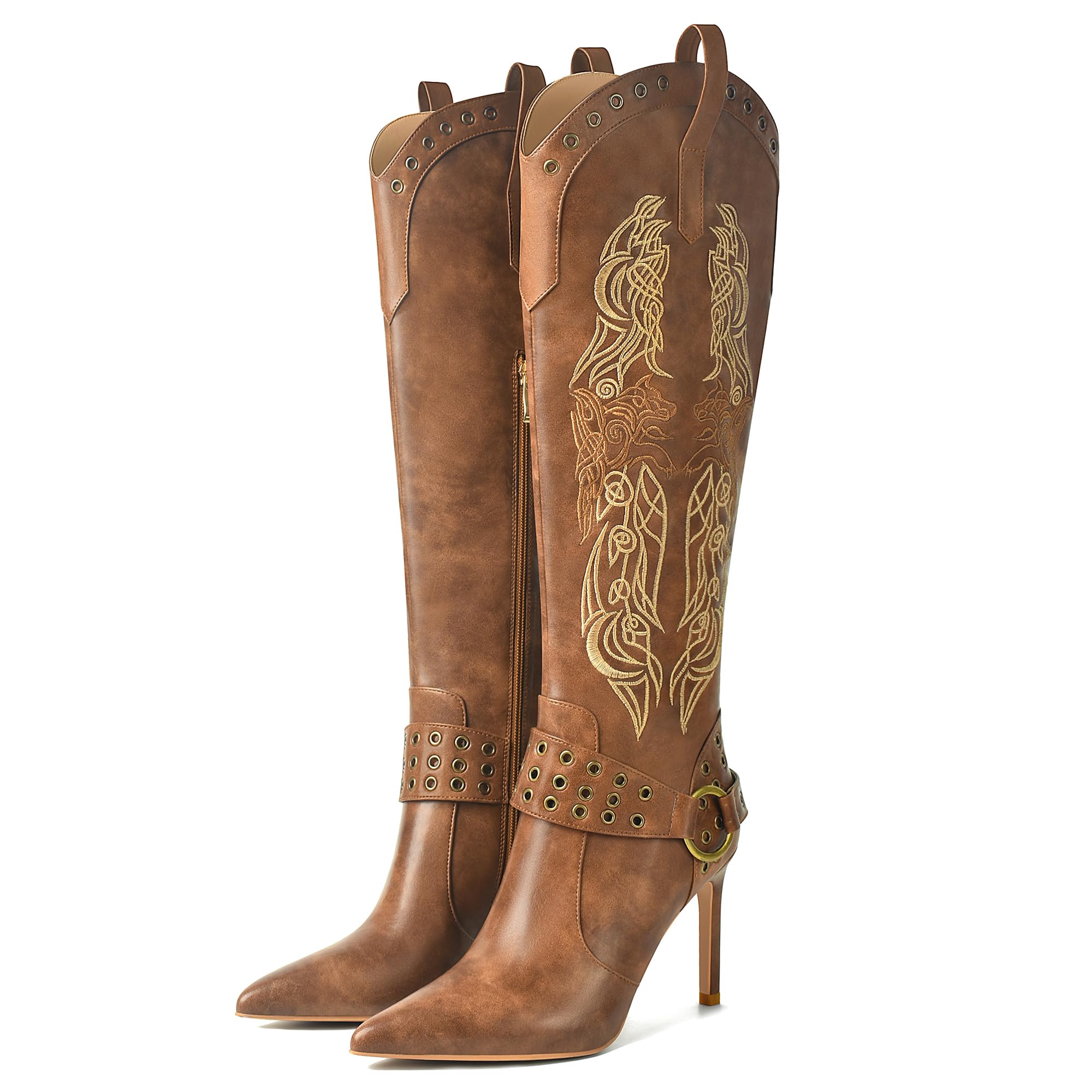 JANSEVEN Western Boots for Women Knee High Cowboy Boots with Embroidered Cowgirl Boot Stiletto High Heel Boot Pointed