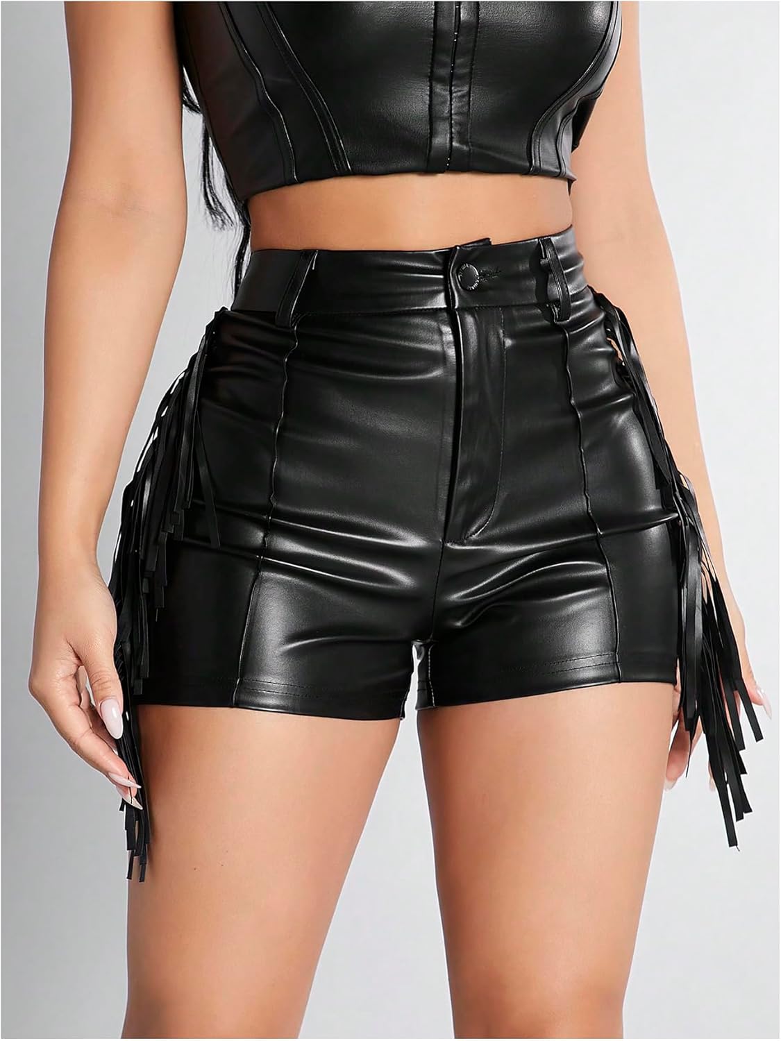 OYOANGLE Women's PU Leather Elastic High Waist Fringe Shorts Party Skinny Straight Leg Shorts - Image 3