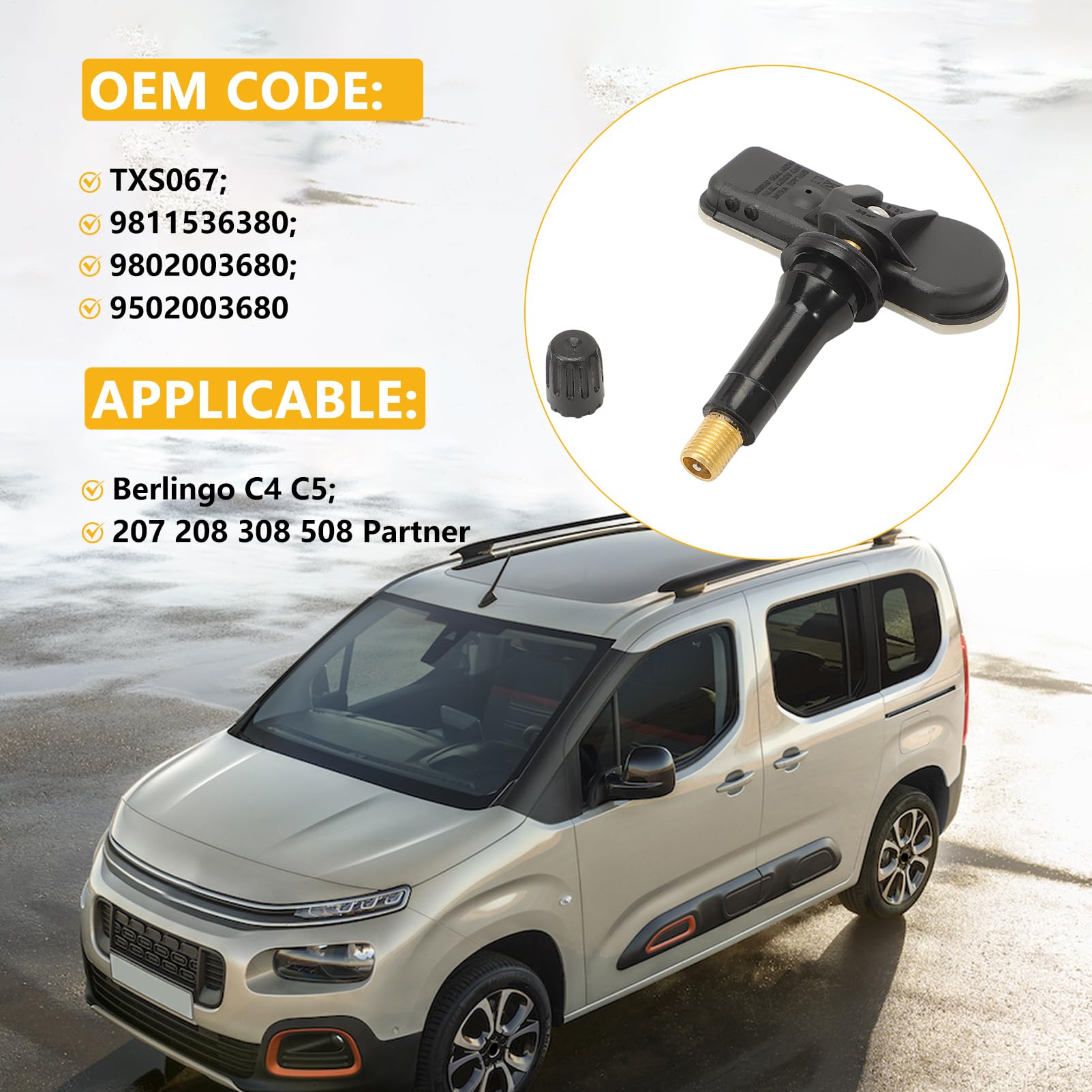 KASturbo 4 sensores presión neumáticos TPMS para Berlingo C4 C5 207 208 308 | C-Elysee, 3008, 301, 408, 5008, Partner, RCZ, 508 SW; OE 9802003680/9502003680; resistente