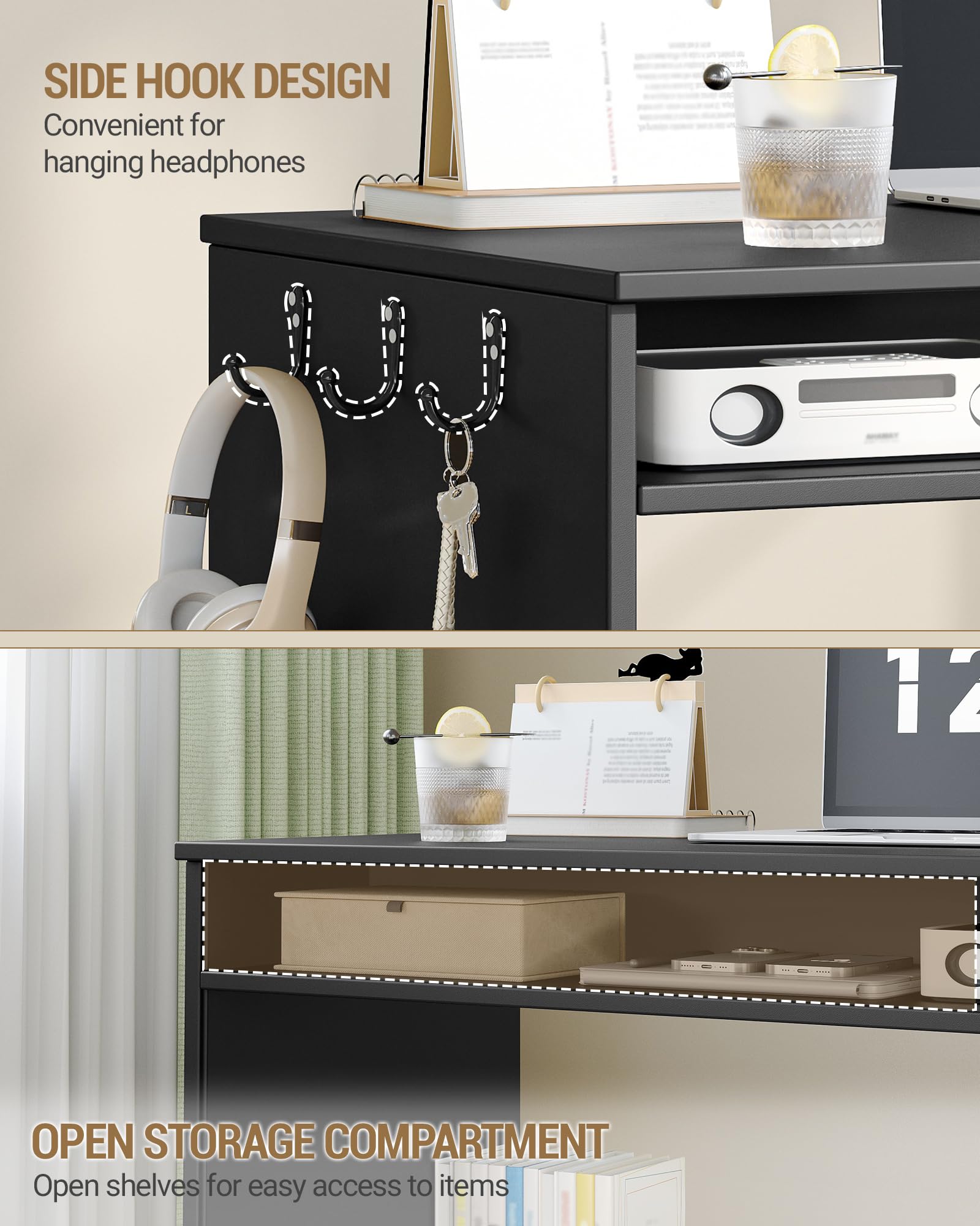 Hzuaneri Mesa Ordenador, Mesa de Oficina con Almacenamiento, Escritorio Moderno con Estantería, para Estudio, Oficina, Dormitorio, 50 x 108 x 75 cm, Negro CD10106X