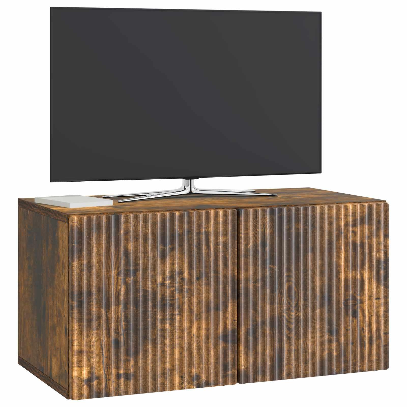 Hothingwell TV-Wandschrank, Holz, Eiche, Rauchgrau, 59,5 x 31 x 30 cm | Drehtüren 90°, Aufbewahrung für elektronische Geräte, Wartung feuchtes Tuch, Wandmontage