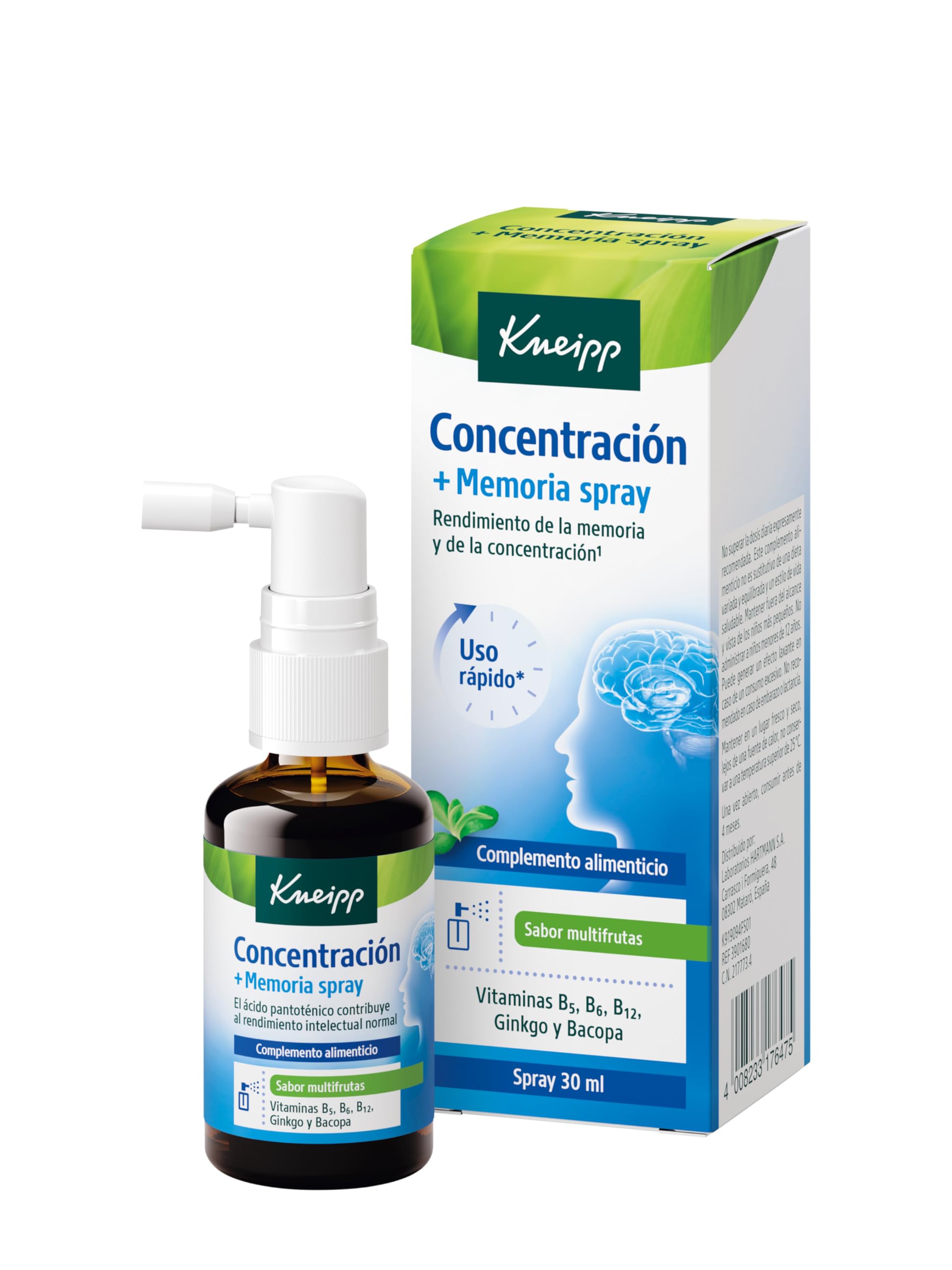 Kneipp Spray Concentración + memoria; Ácido Pantoténico y Vit. B; Rendimiento mental; Vitalidad; 30ml