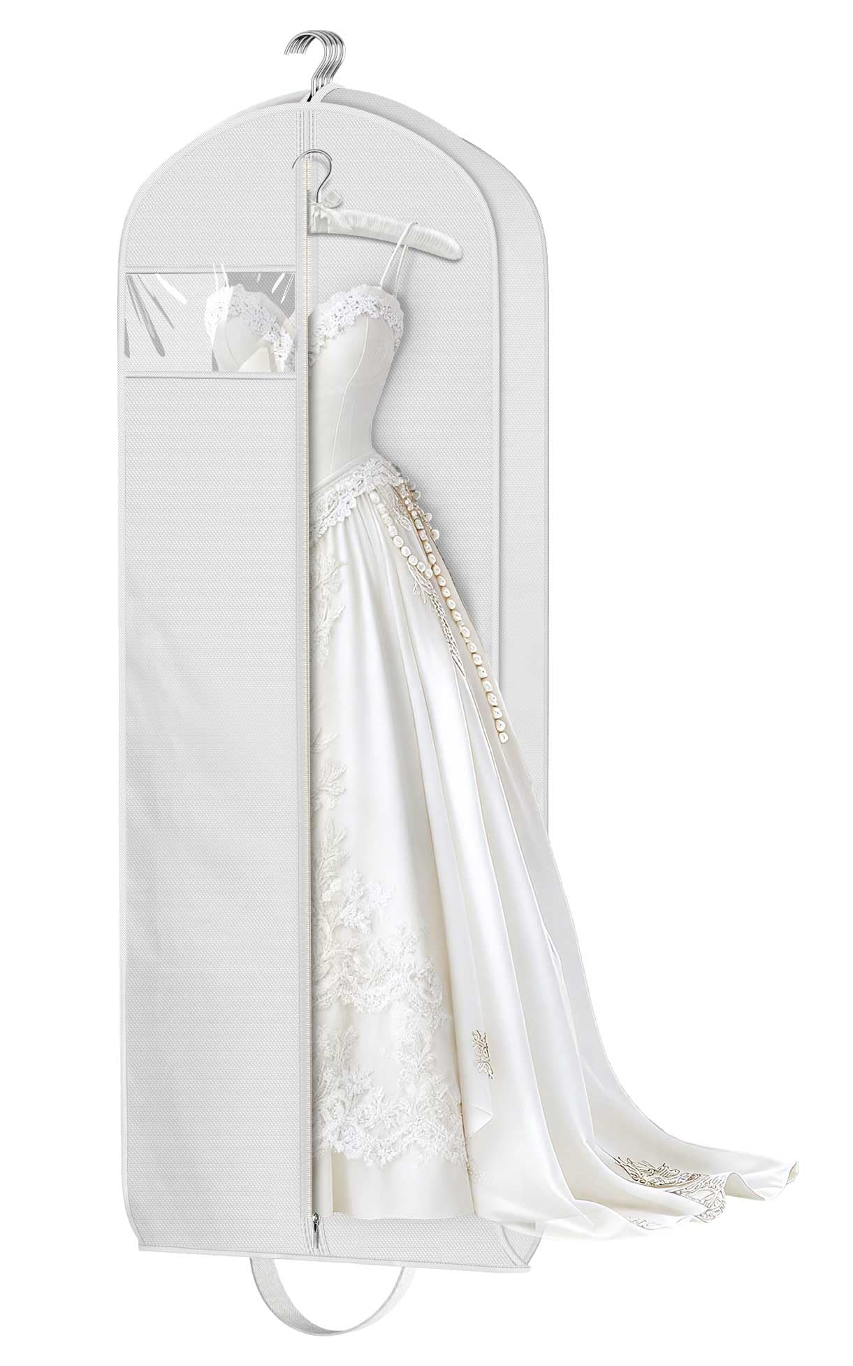 KEETDY Wedding Dress Garment Bag for Travel with 4" Gusseted Long Hanging Dress Bags for Gowns for Women Garment Cover Clothes Storage for Closet (white, 65 inch)